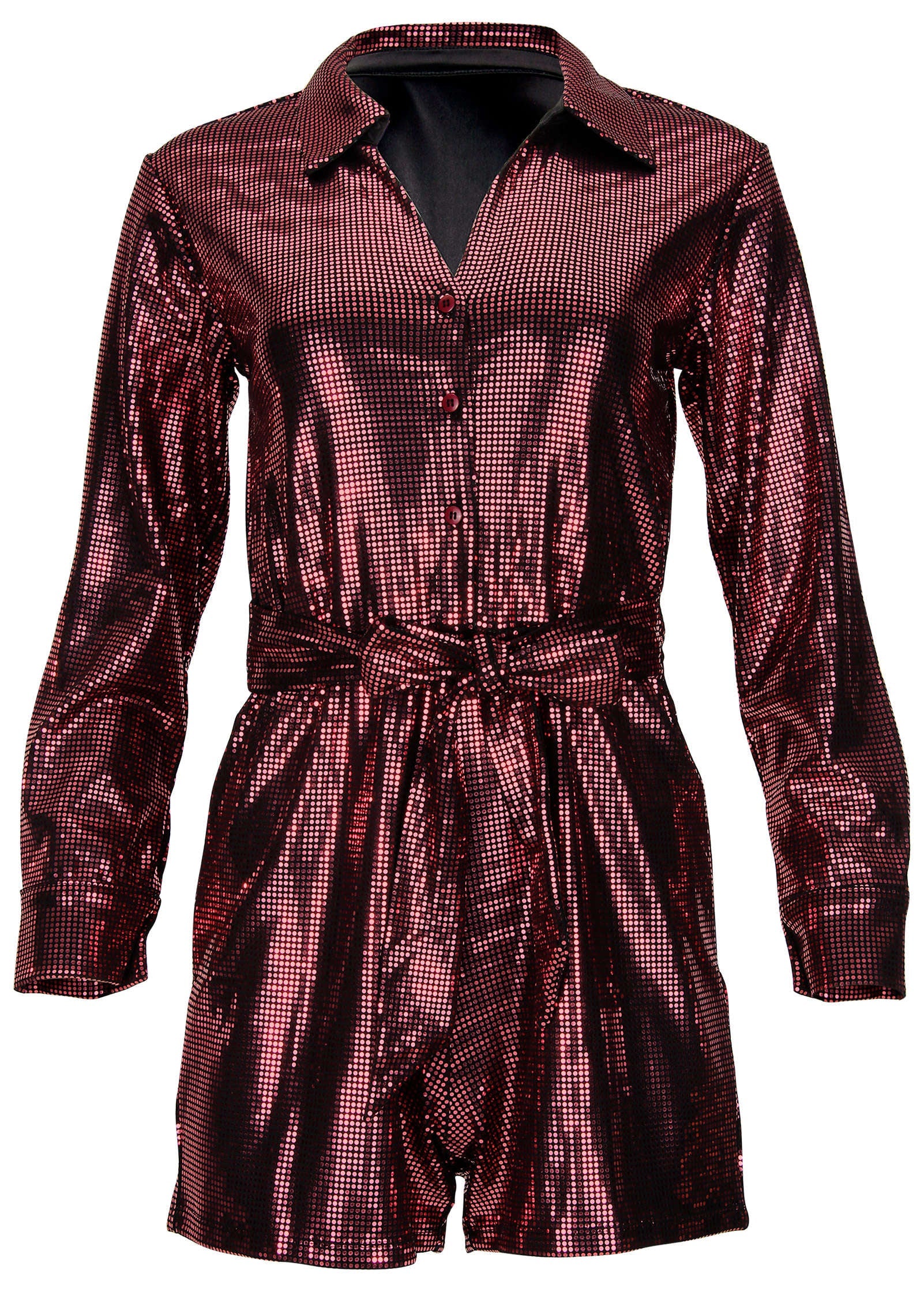 Tie Waist Sequin Romper - Black & Pink - Image 5