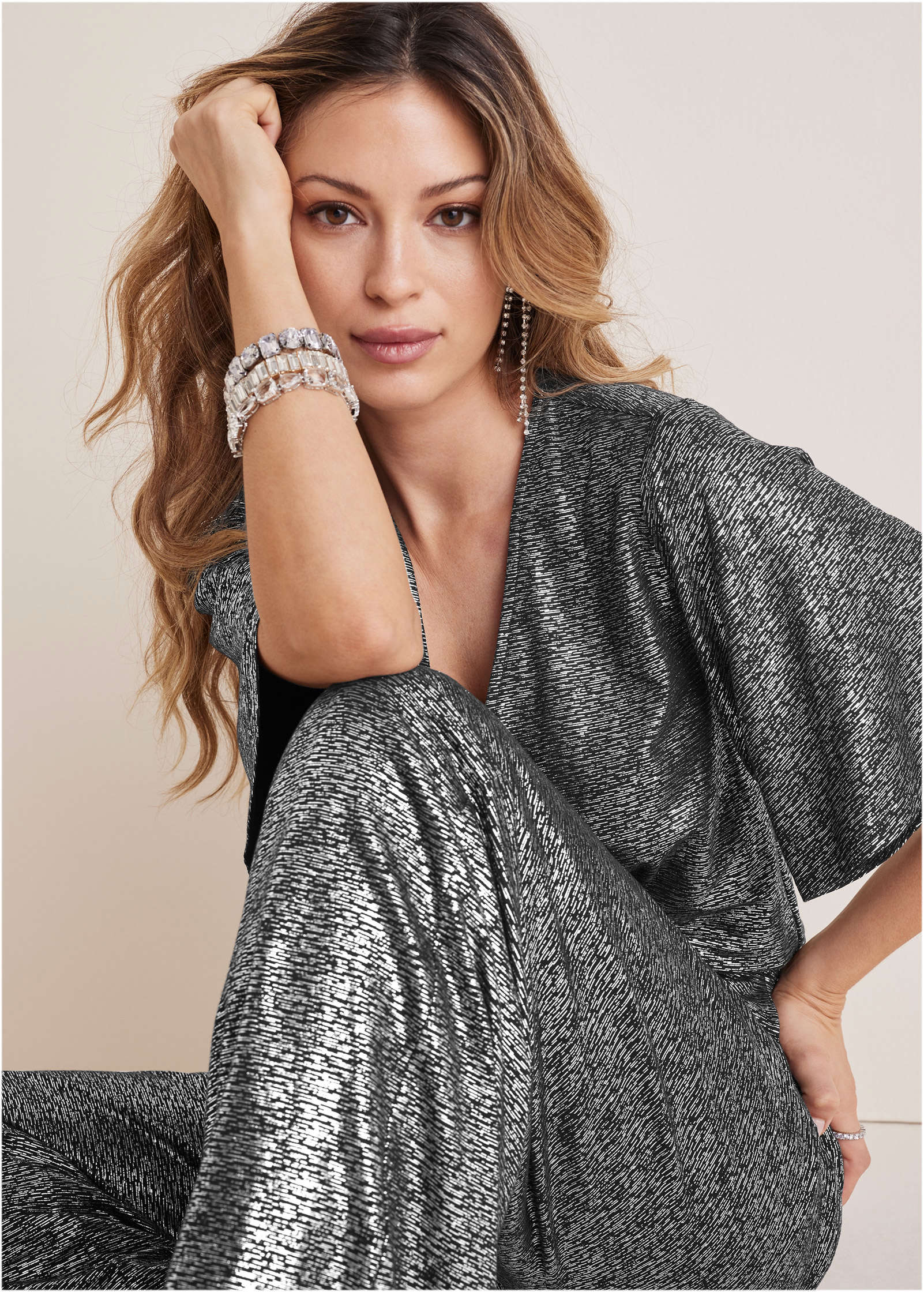 Metallic Flutter Sleeve Jumpsuit - Silver - Image 3