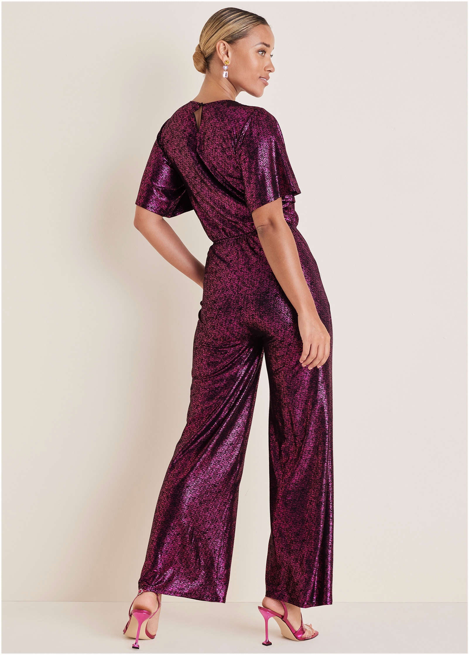 Metallic Flutter Sleeve Jumpsuit - Vivacious - Image 2