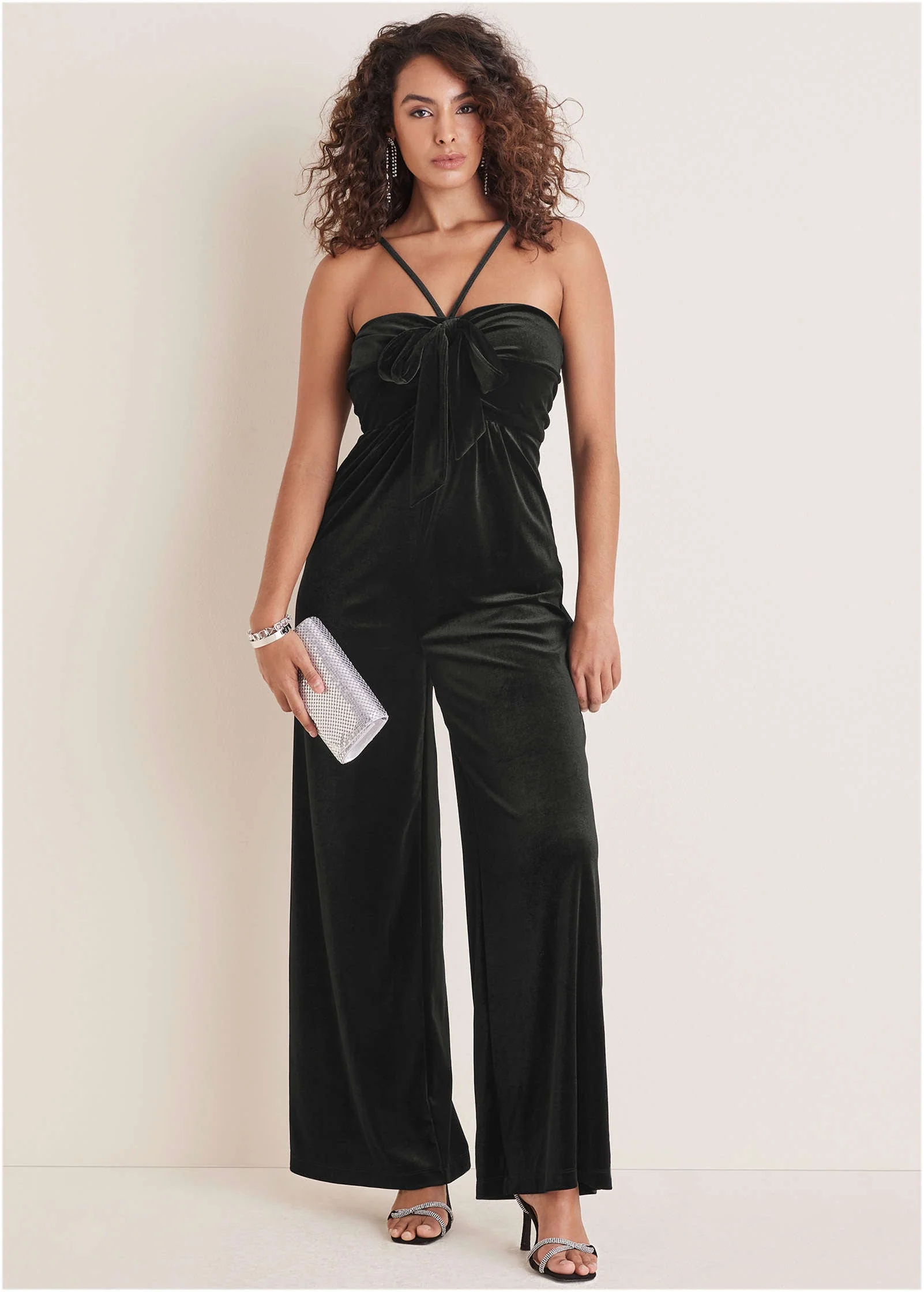 Stretch Velvet Halter Jumpsuit - Black - Image 4