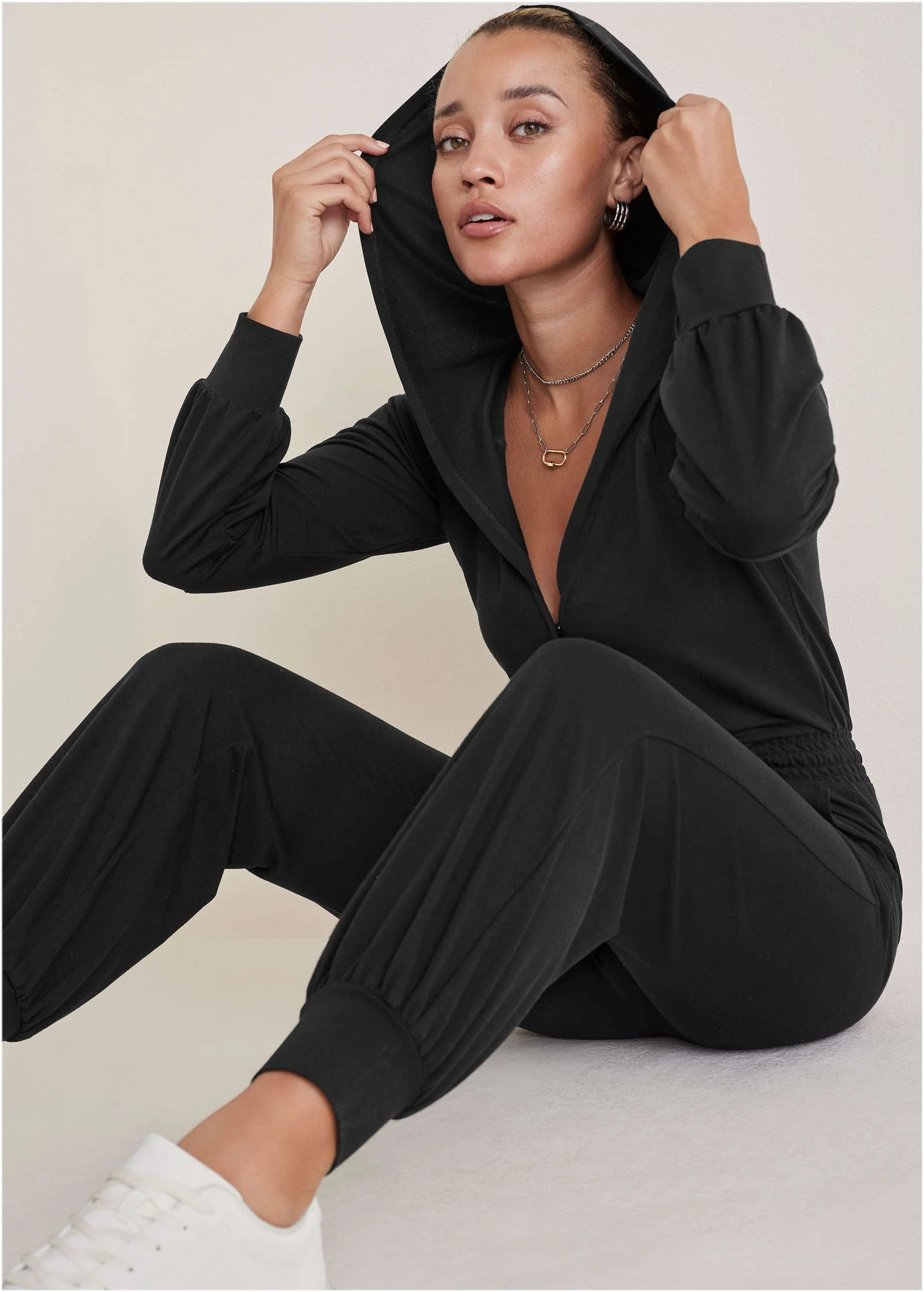 Casual Hooded Jumpsuit - Jet Black - Image 3