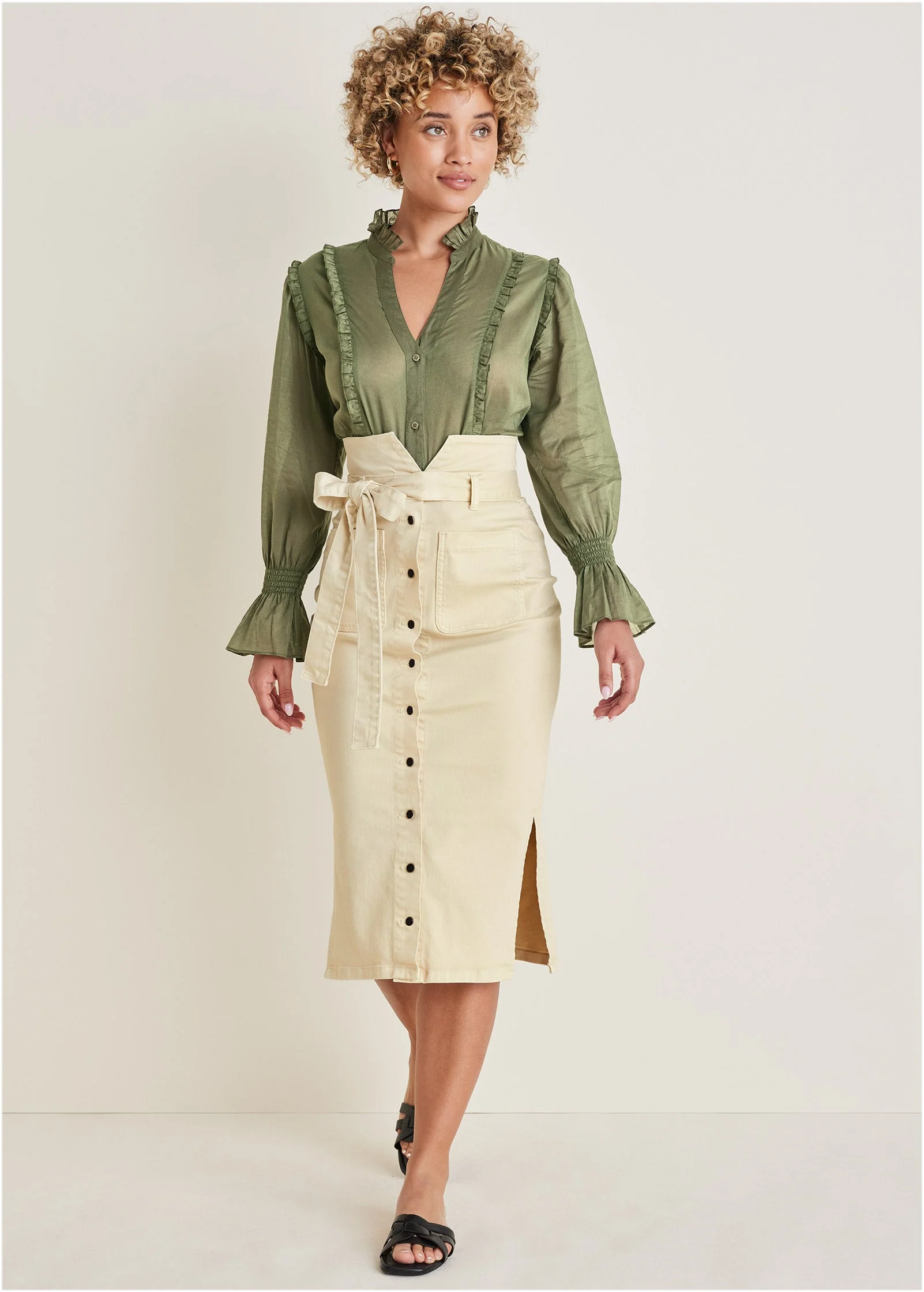 Color Denim Midi Skirt - Cream