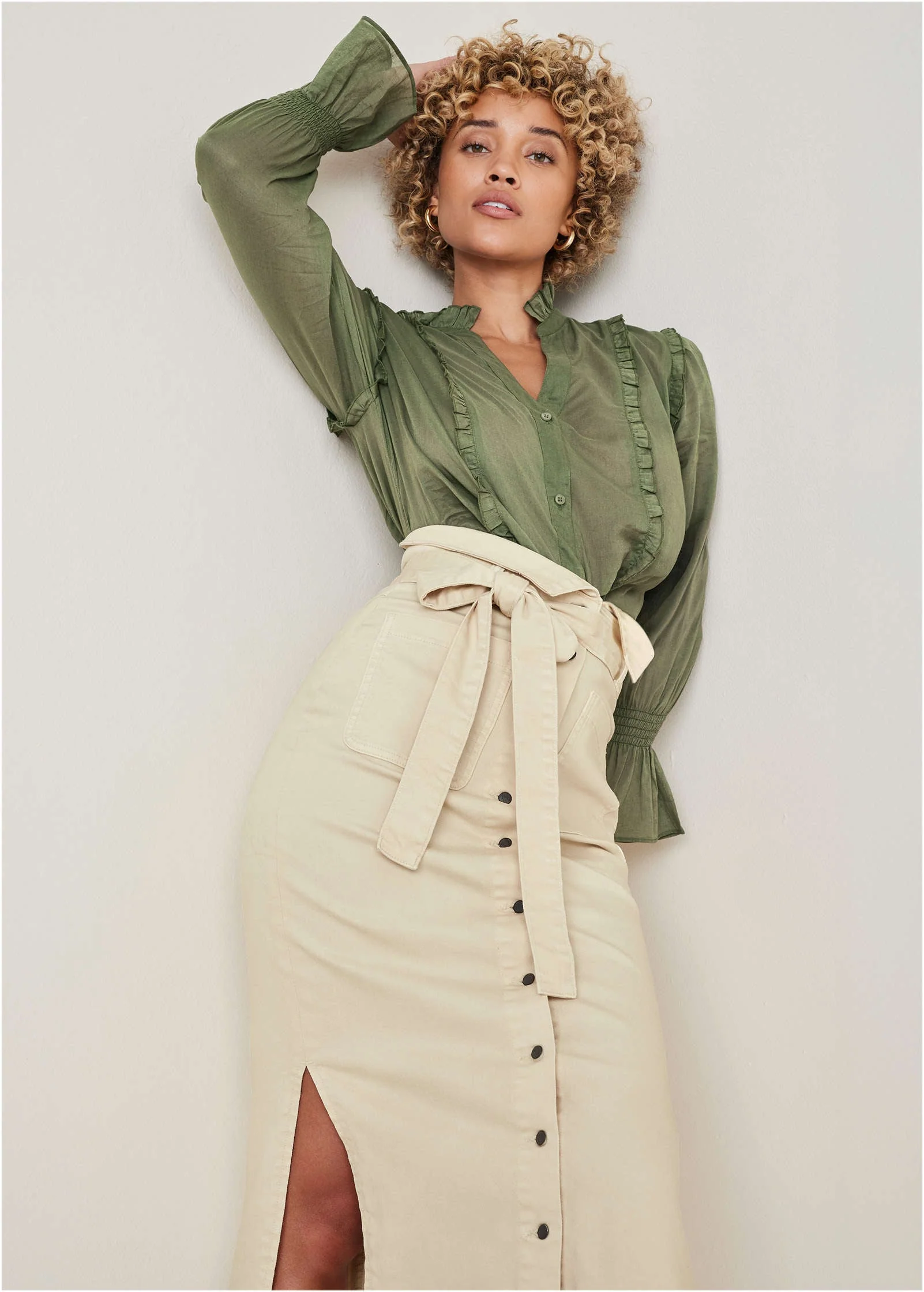 Color Denim Midi Skirt - Cream - Image 2
