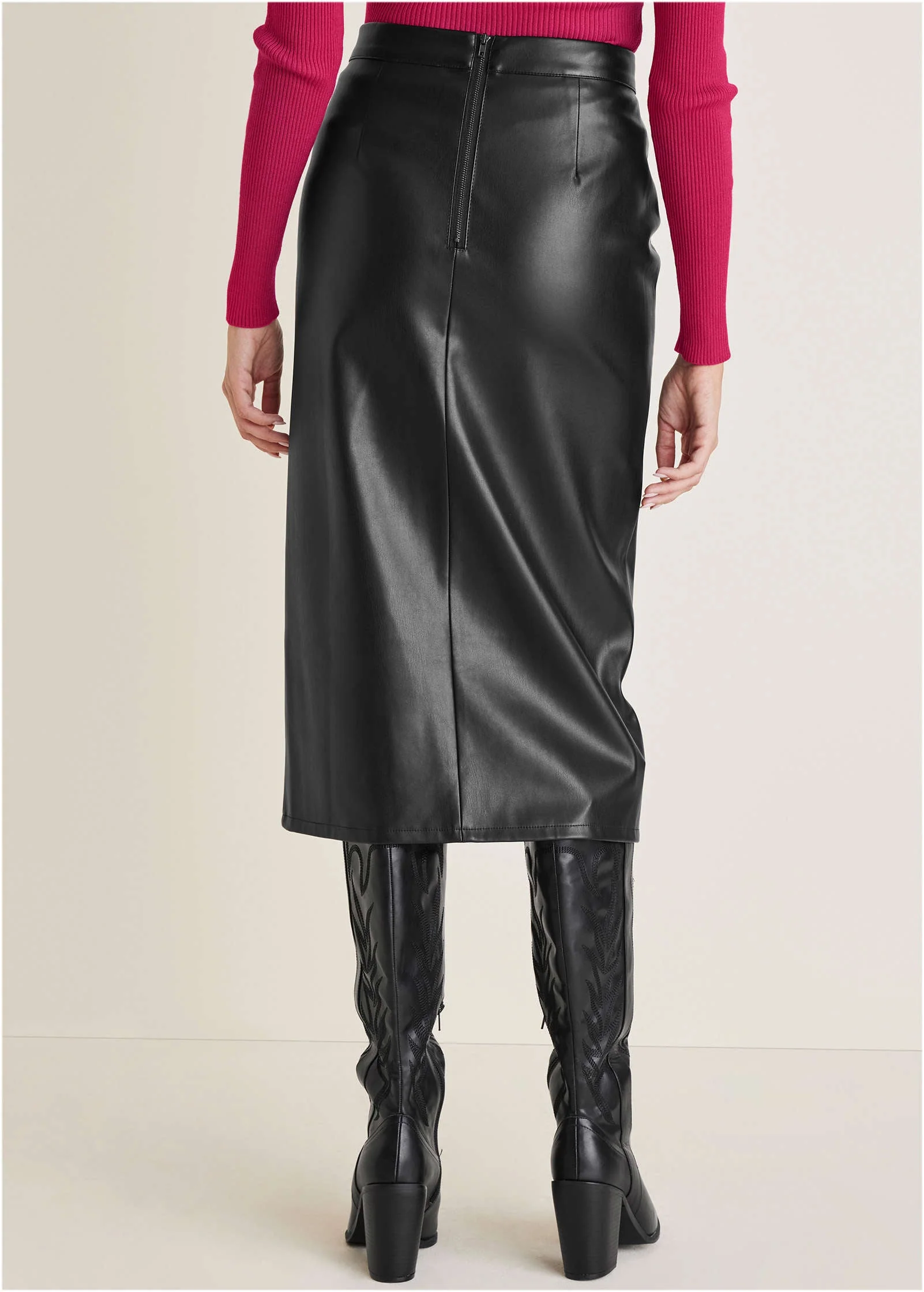Faux Leather Midi Skirt - Jet Black - Image 3