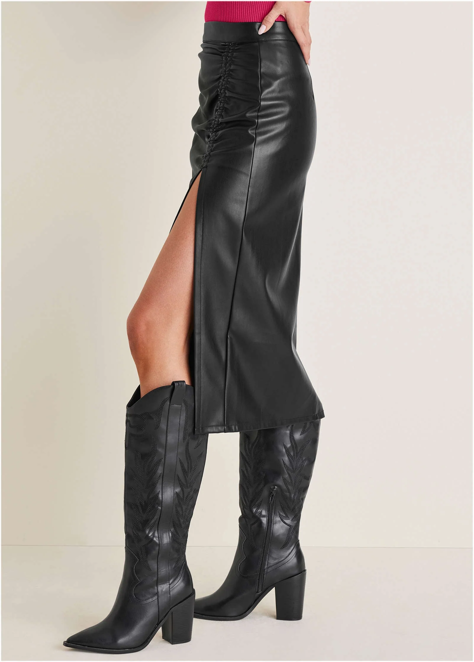 Faux Leather Midi Skirt - Jet Black - Image 4