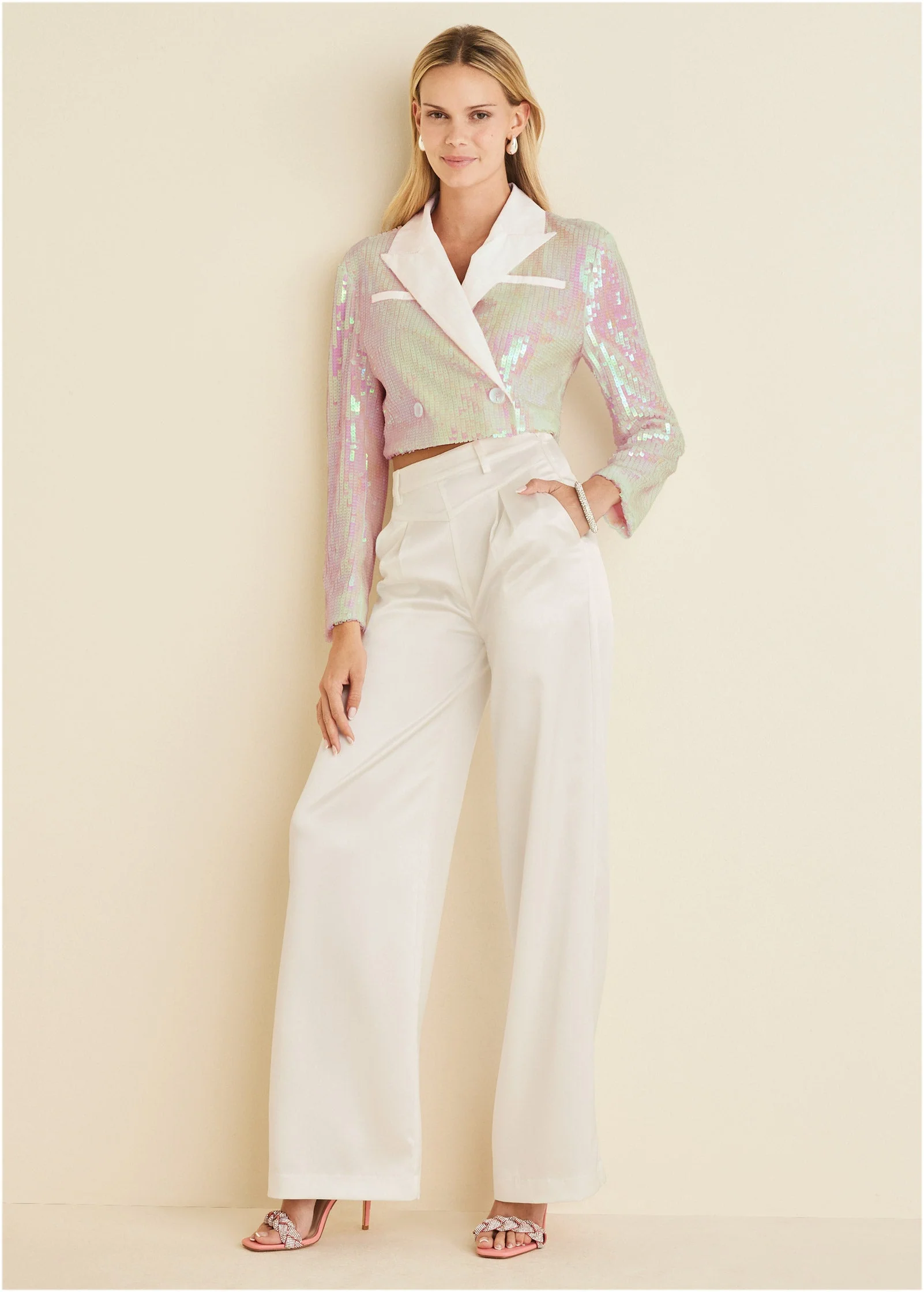 Cropped Sequin Blazer - Pearl White