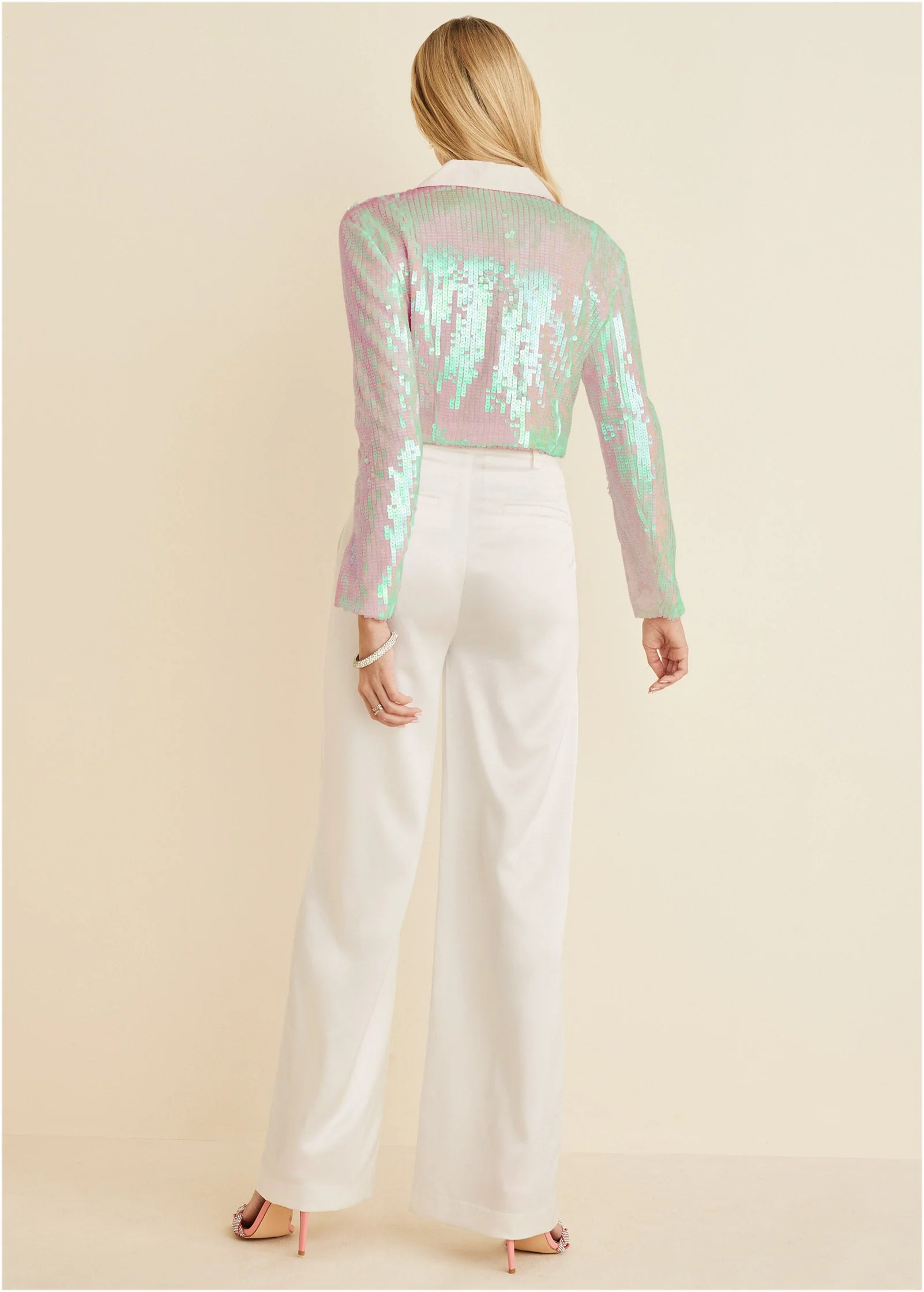 Cropped Sequin Blazer - Pearl White - Image 2