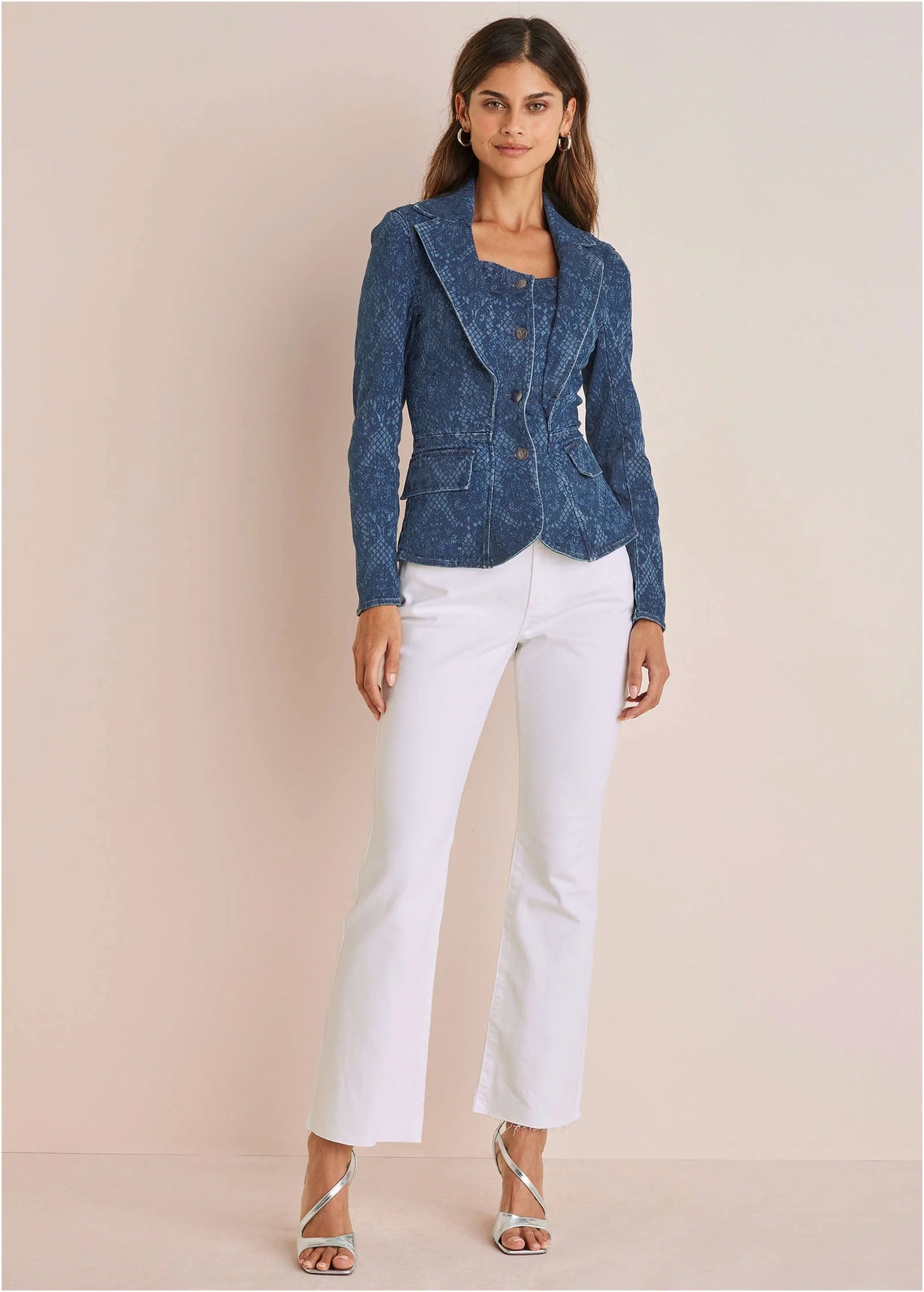 Lace Print Denim Blazer - Medium Wash - Image 2