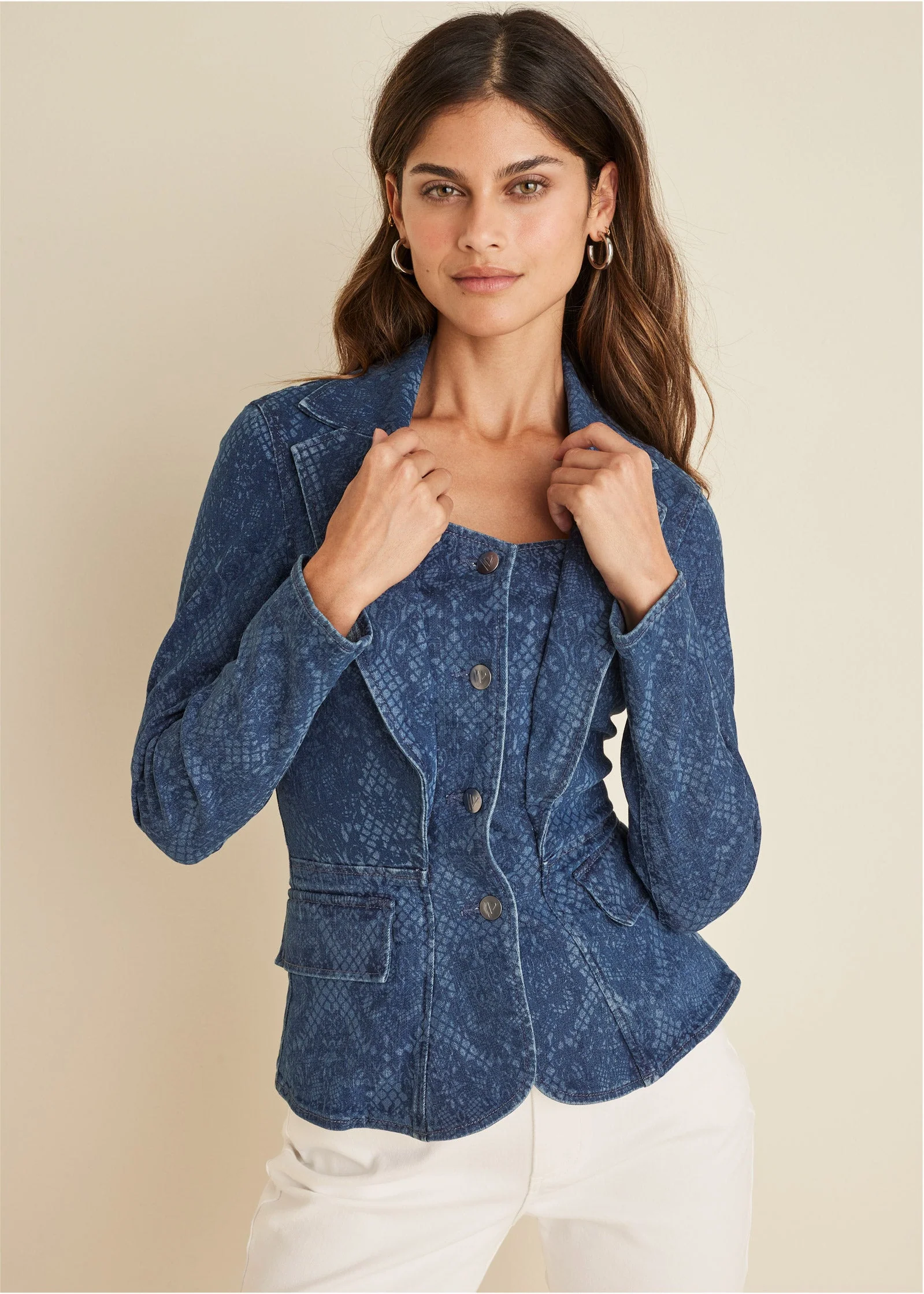 Lace Print Denim Blazer - Medium Wash - Image 5