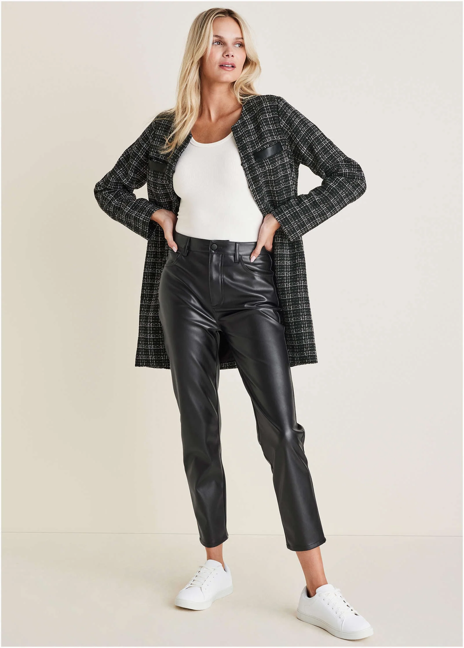 Tweed And Faux-Leather Coat - Black & White - Image 5