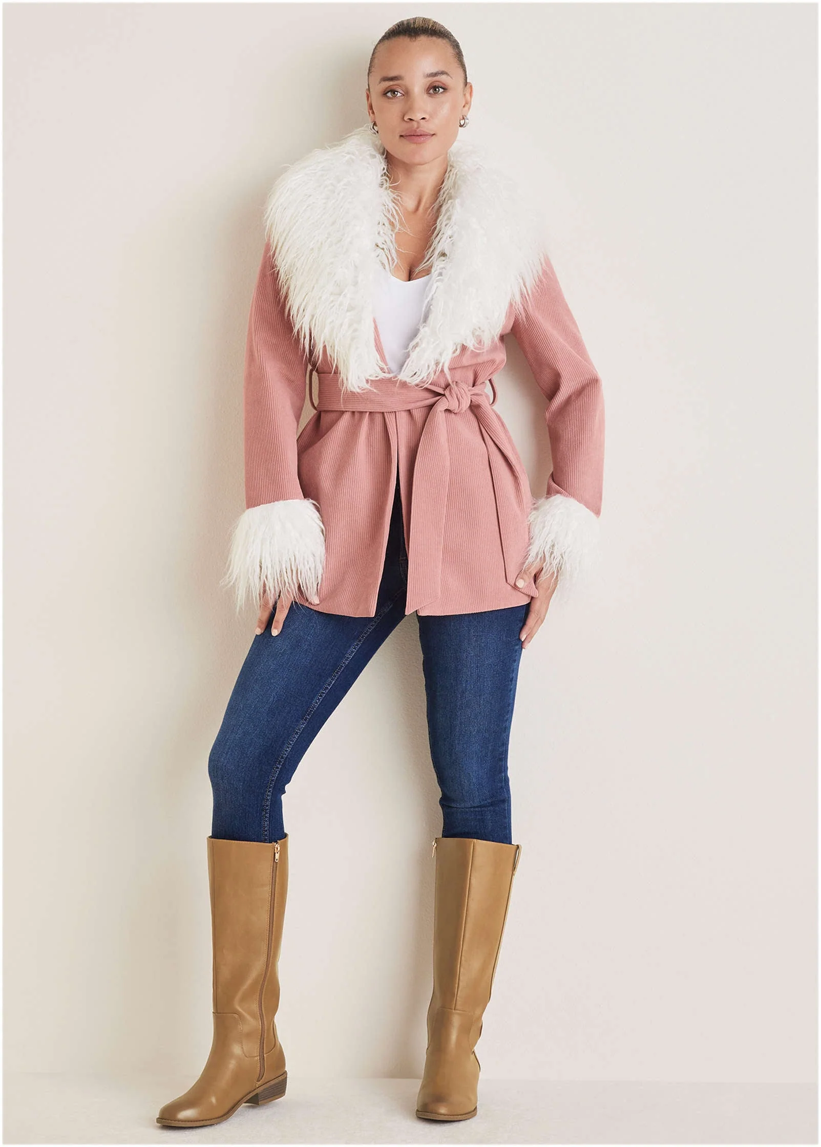 Corduroy Fur Trim Coat - Pink - Image 3