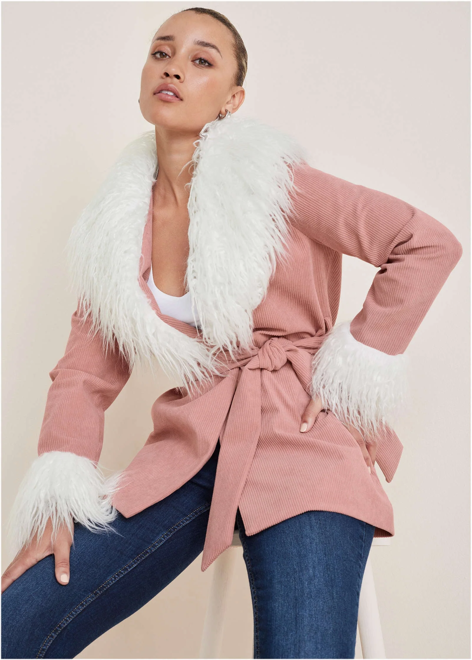 Corduroy Fur Trim Coat - Pink - Image 4