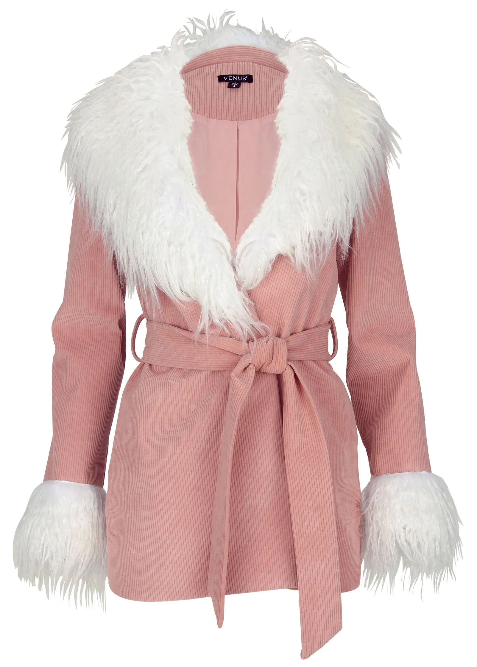 Corduroy Fur Trim Coat - Pink - Image 5
