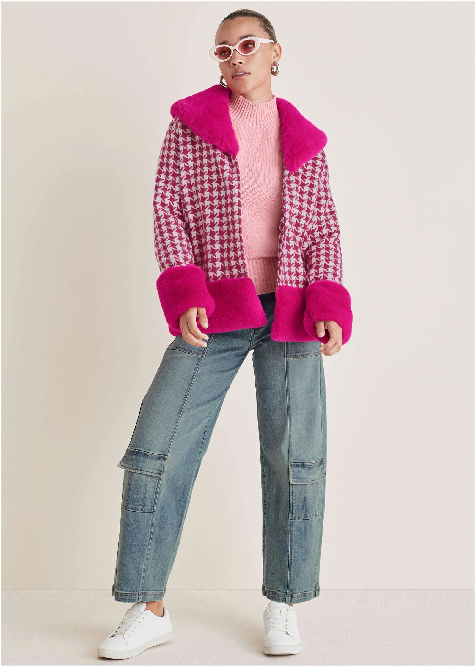 Printed Fur Trim Coat - Pink & White - Image 3