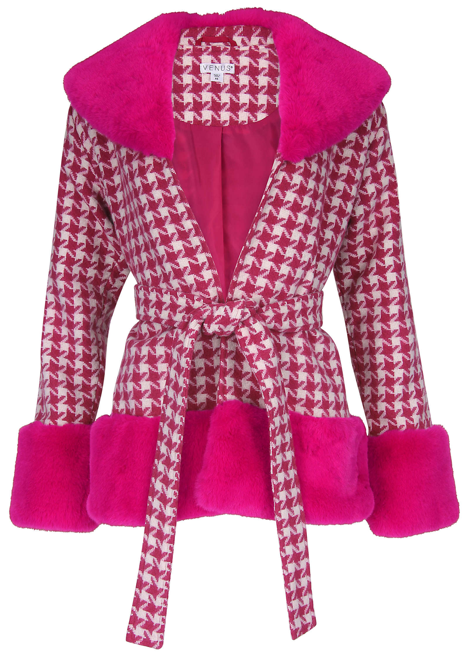 Printed Fur Trim Coat - Pink & White - Image 6