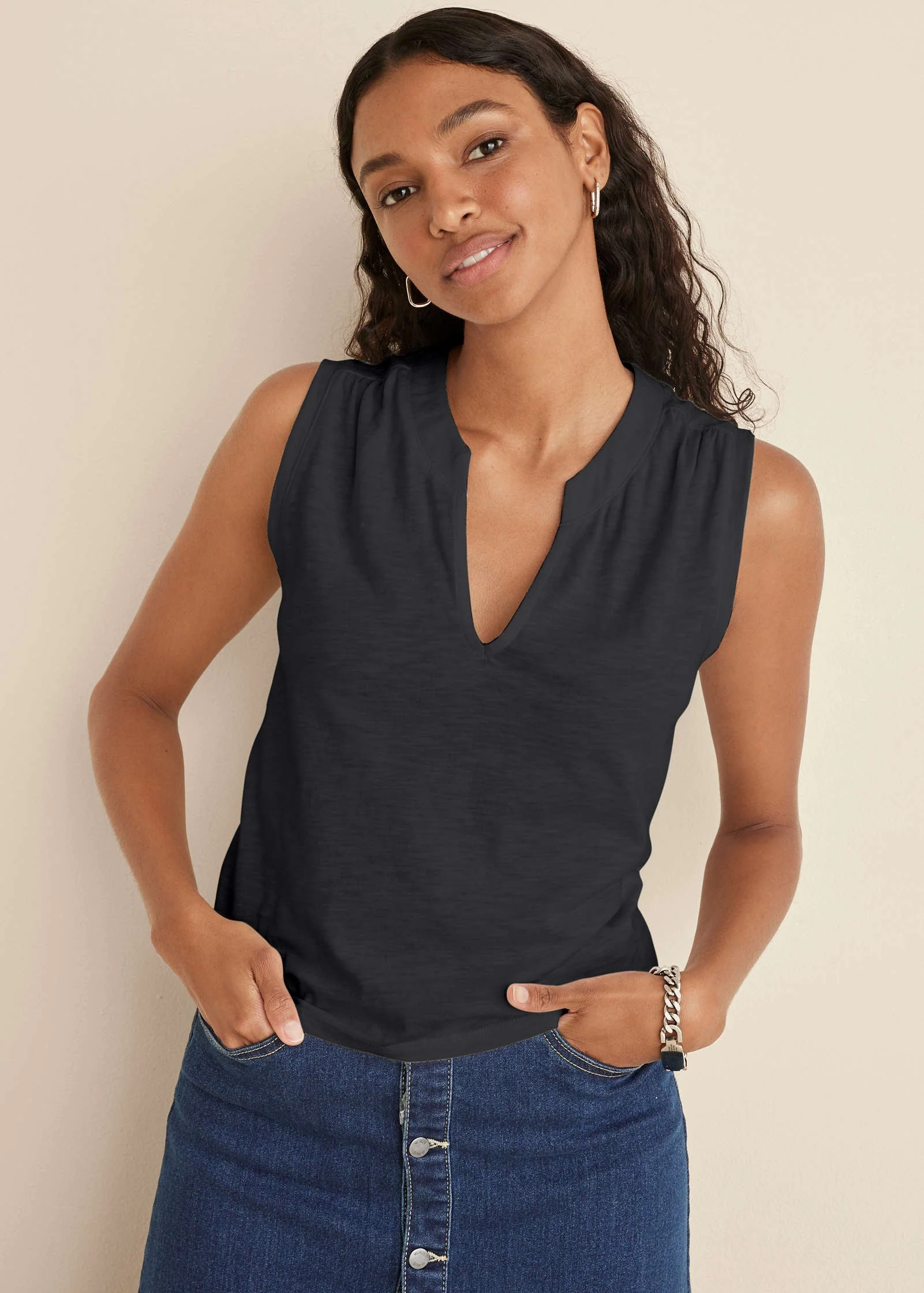 V-Neck Shirred Tank - Jet Black