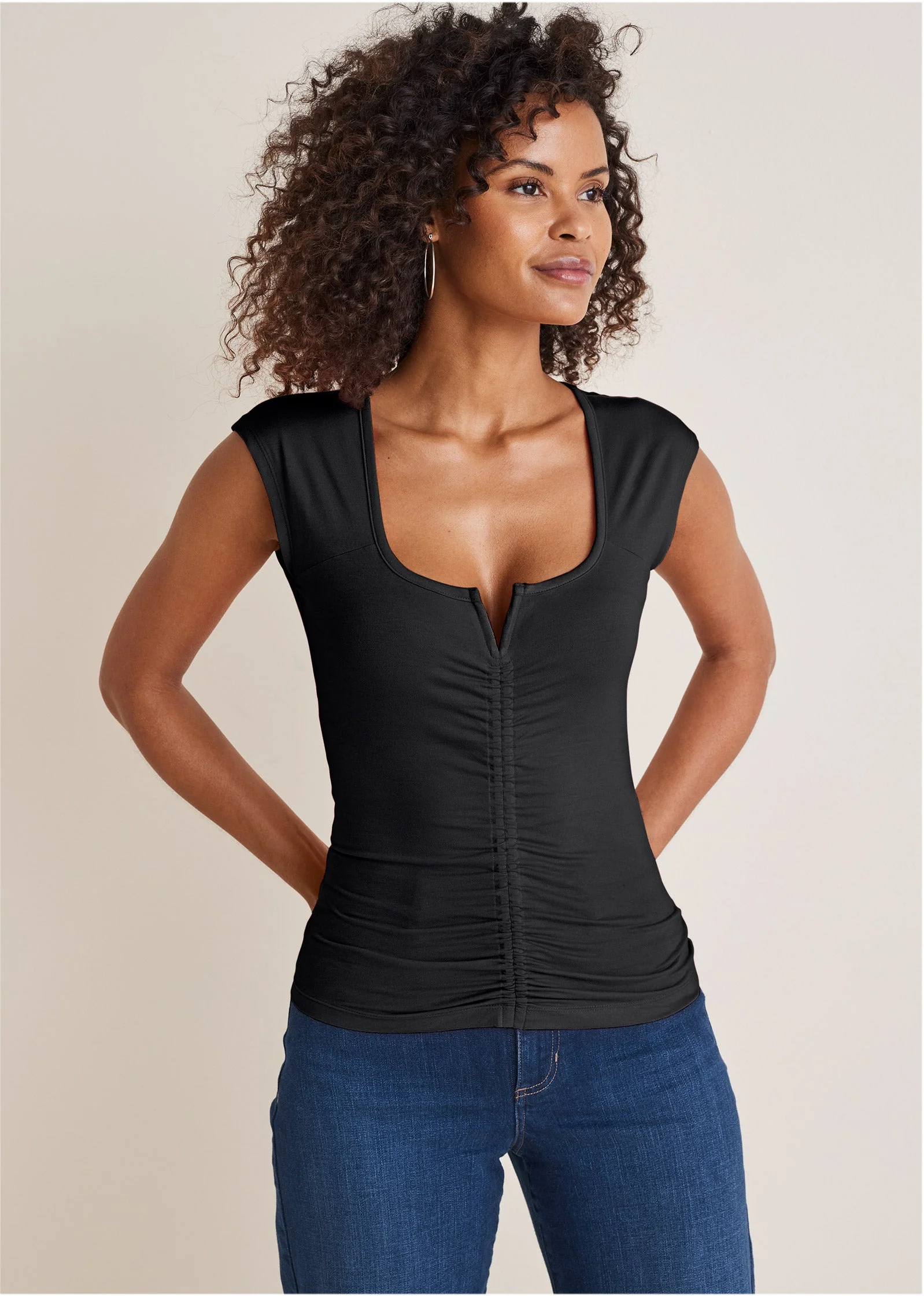 Ruched Cap Sleeve Top - Jet Black