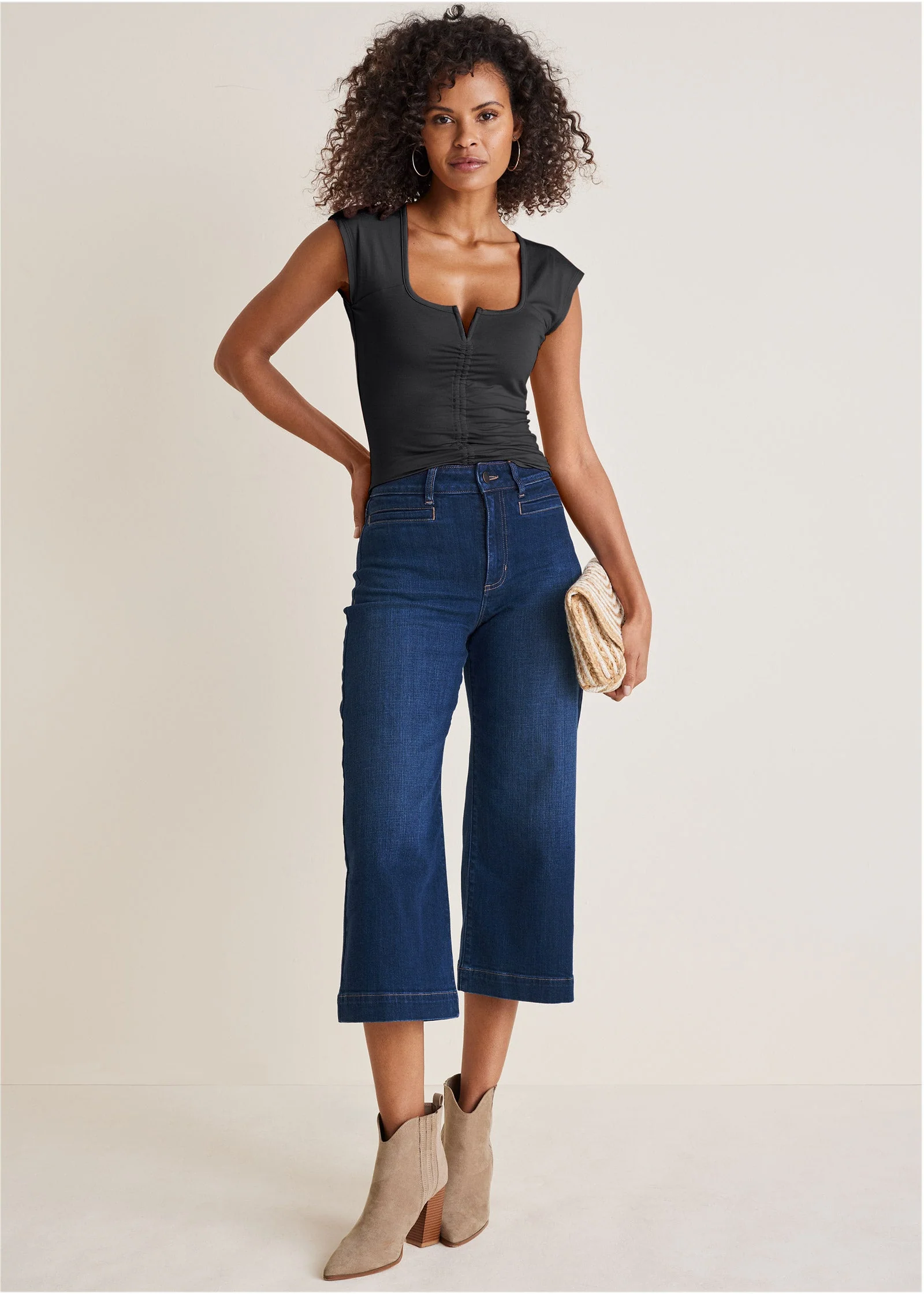 Ruched Cap Sleeve Top - Jet Black - Image 2