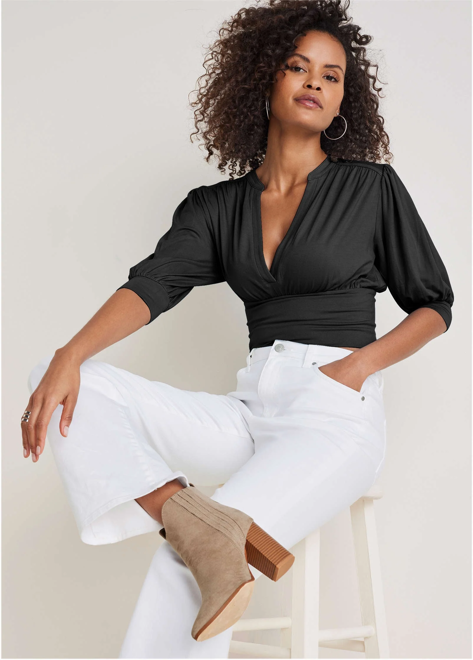 V-Neck Puff Sleeve Top - Jet Black - Image 4