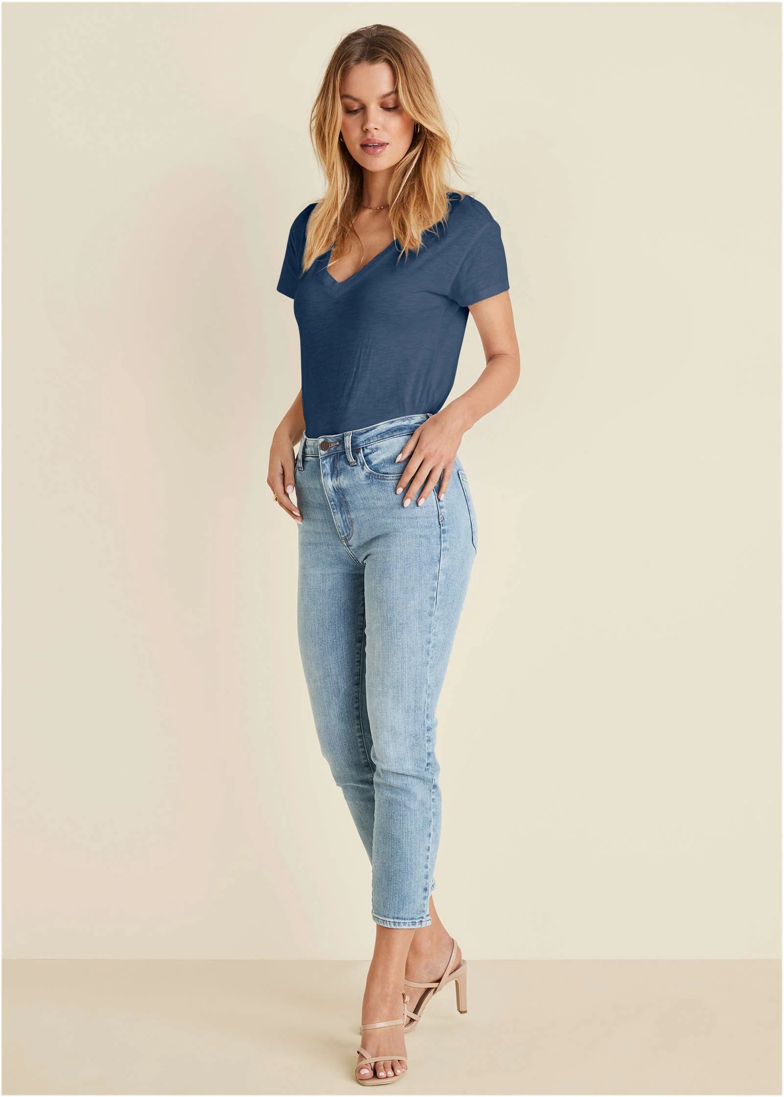 Cotton Slub V-Neck Tee - Dark Denim - Image 2