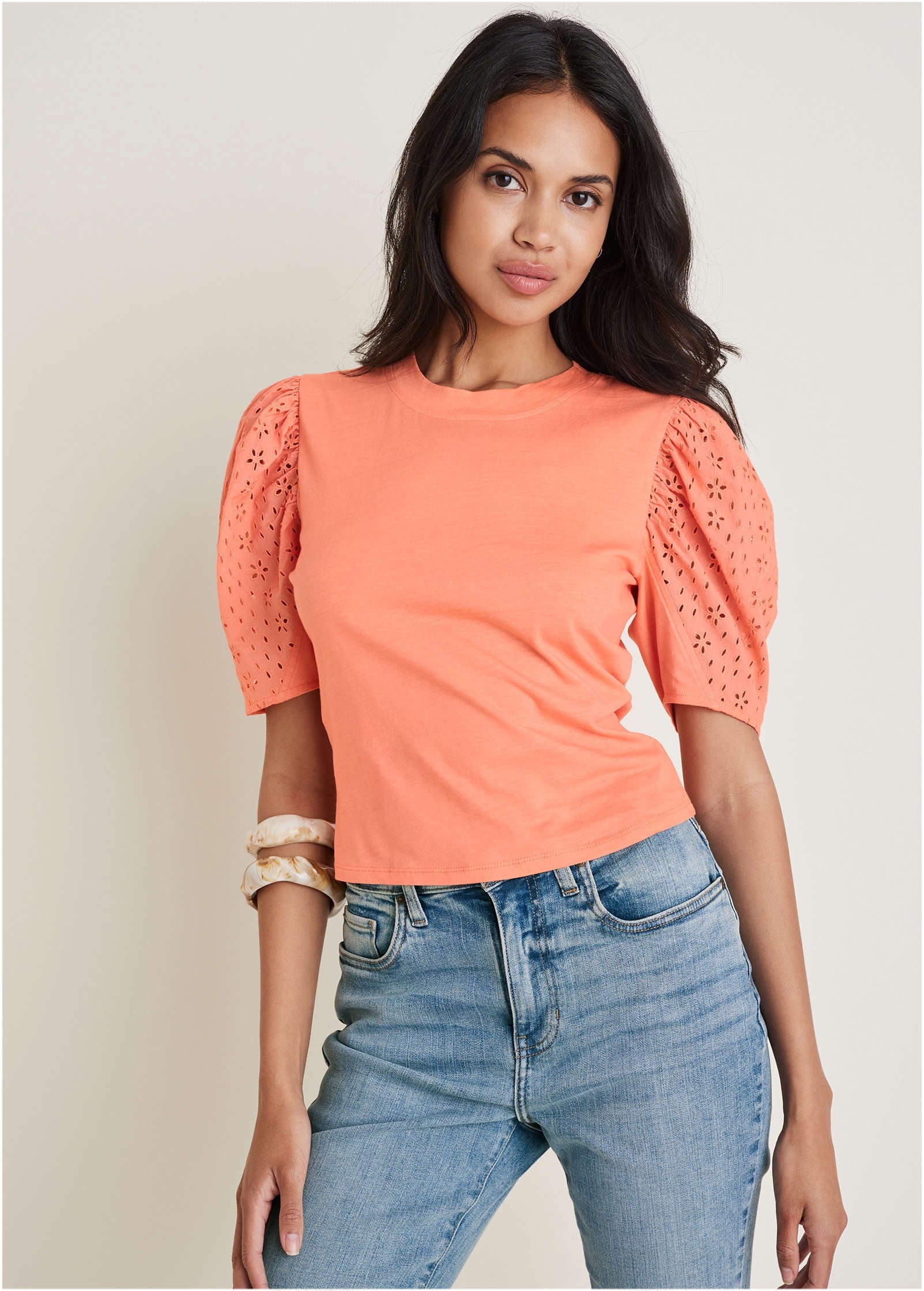 Eyelet Puff Sleeve Top - Burnt Coral - Image 2