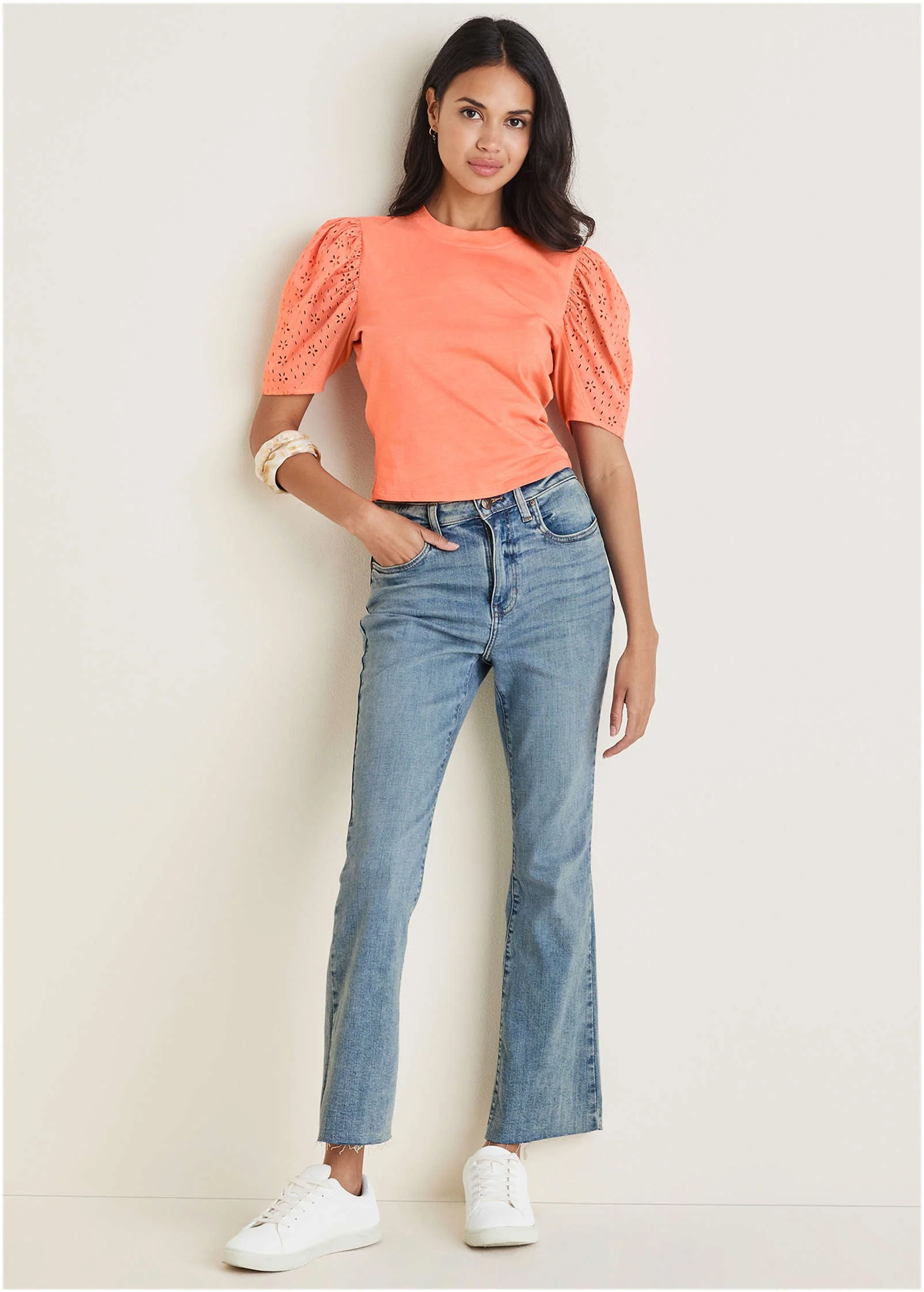 Eyelet Puff Sleeve Top - Burnt Coral - Image 3