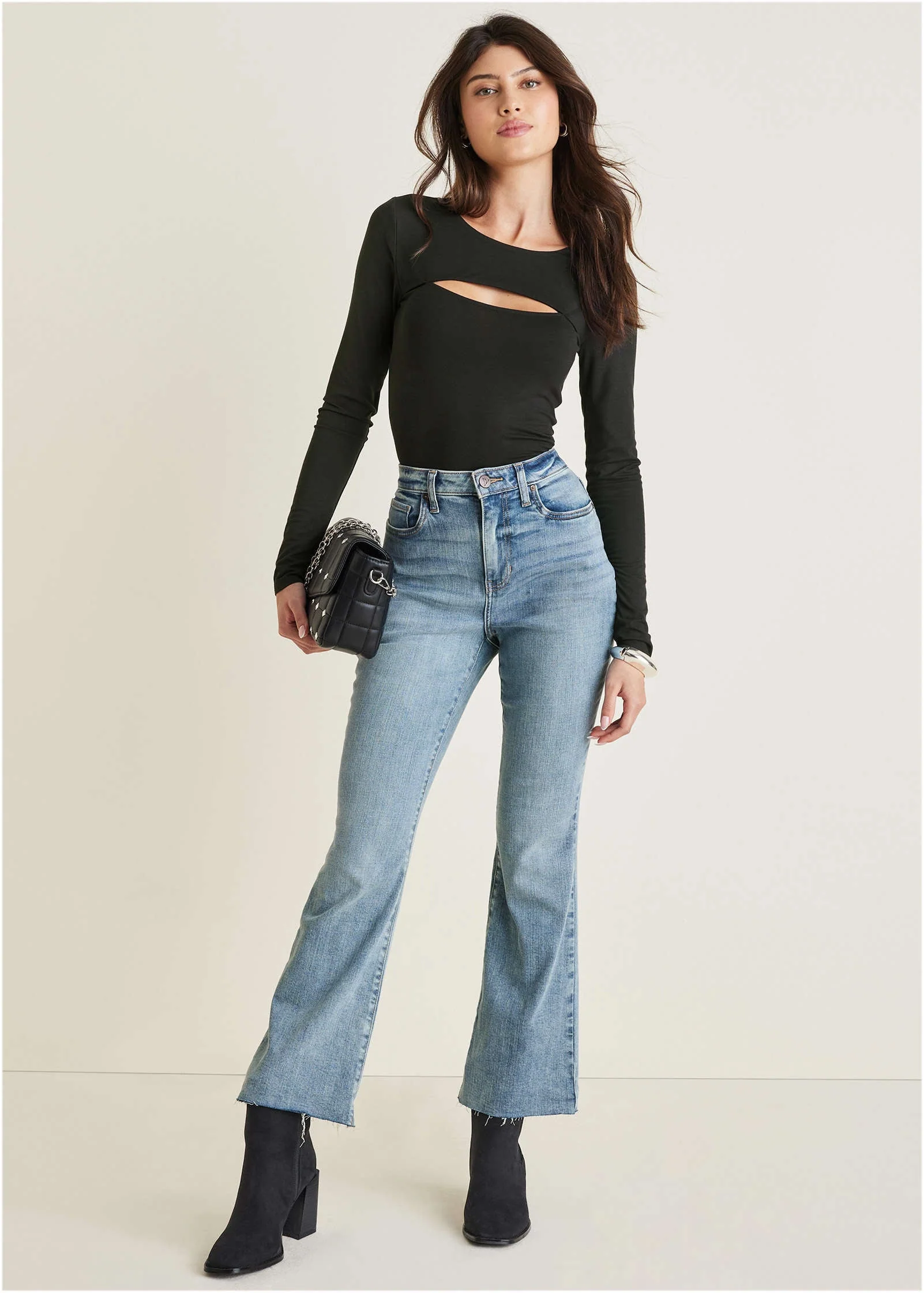 Long Sleeve Cut-Out Top - Jet Black - Image 2