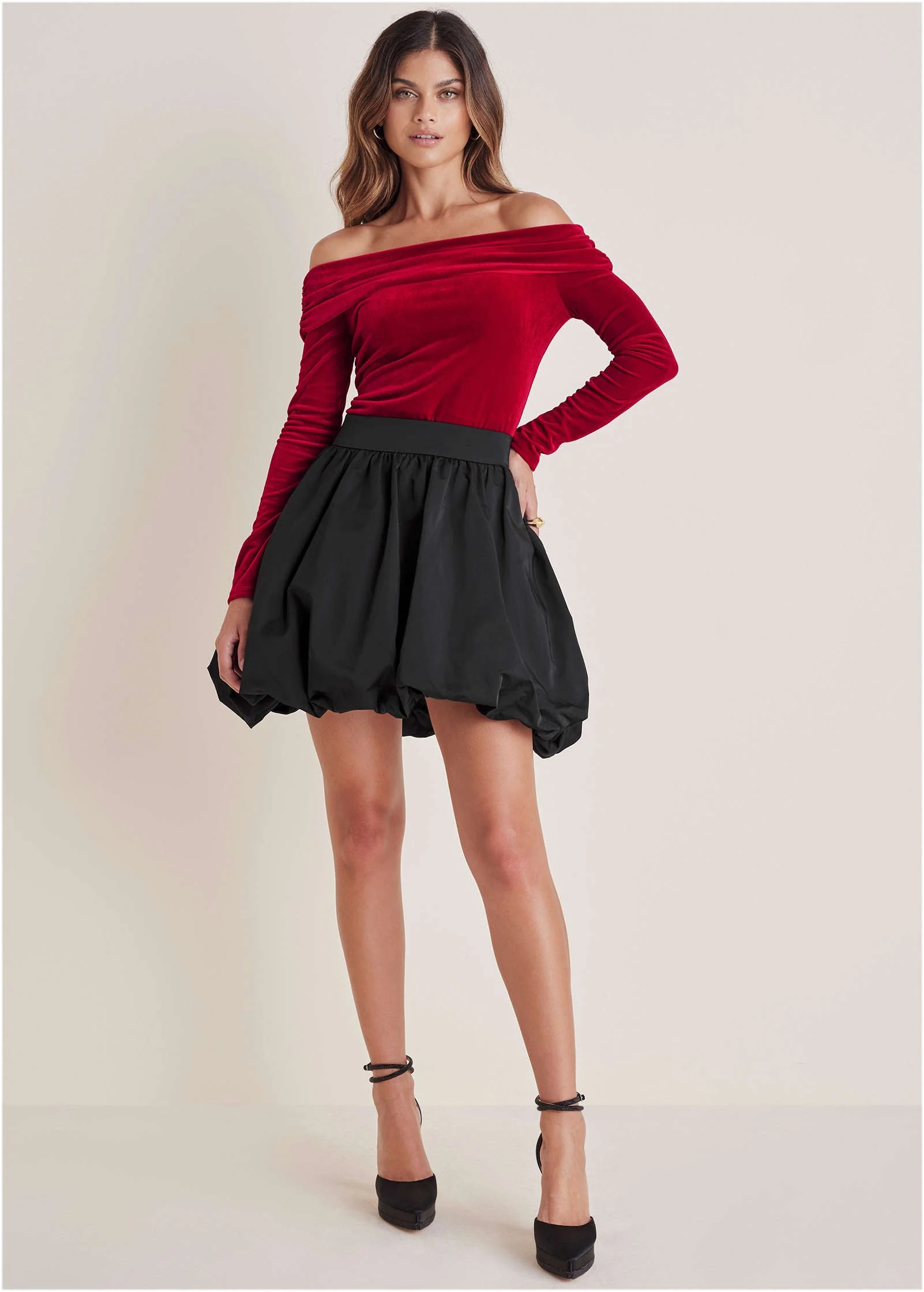 Off-The-Shoulder Velvet Top - Haute Red - Image 2