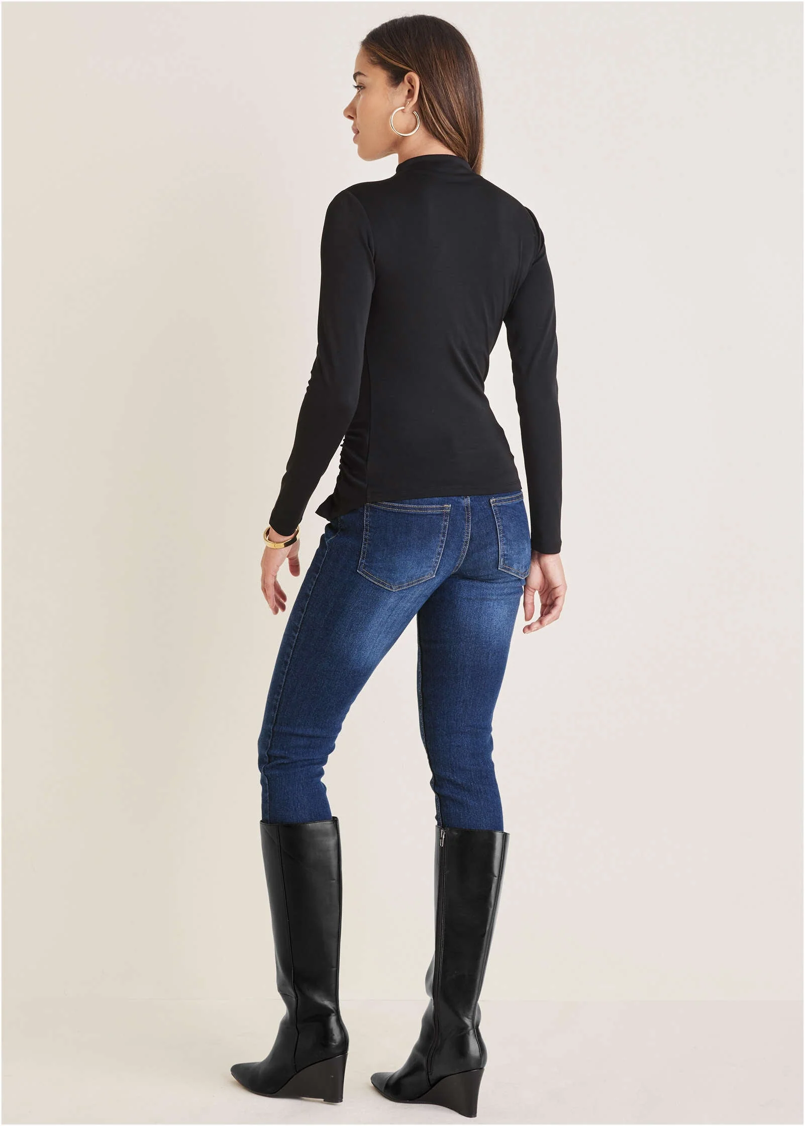 Gathered Long Sleeve Blouse - Jet Black - Image 2