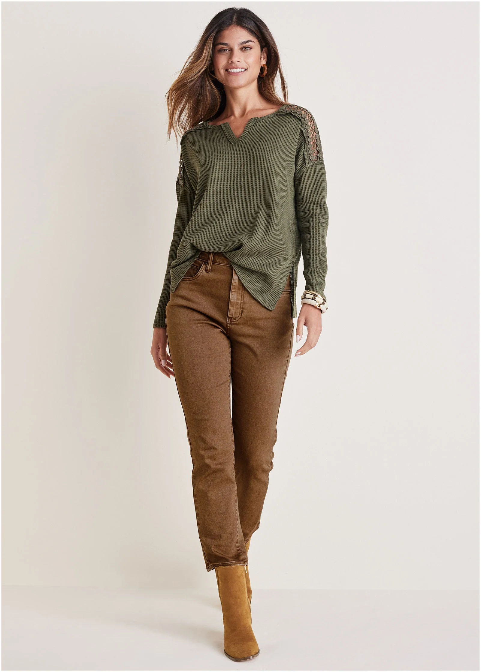 Waffle Lace Detail Top - Olive - Image 2