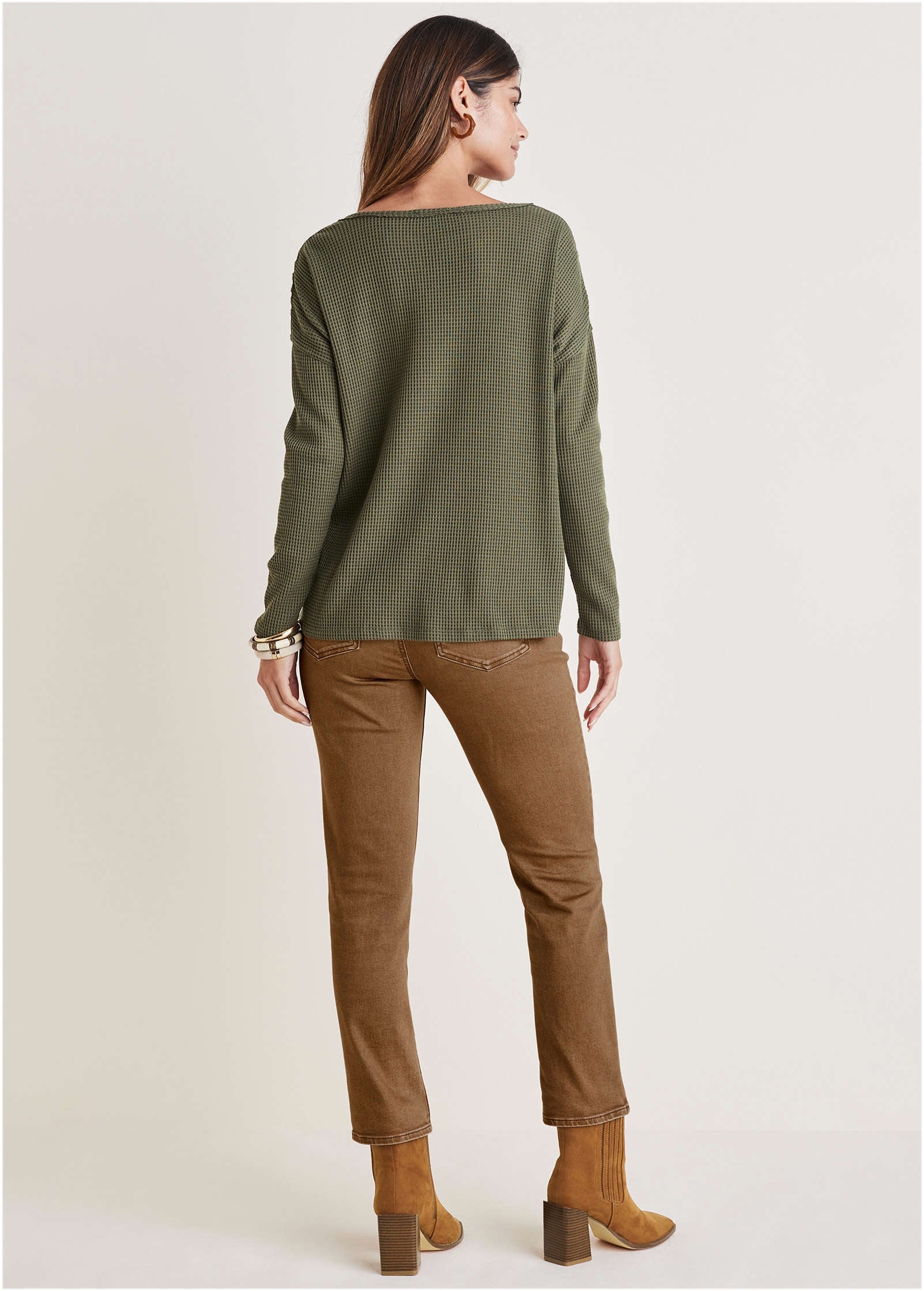 Waffle Lace Detail Top - Olive - Image 3