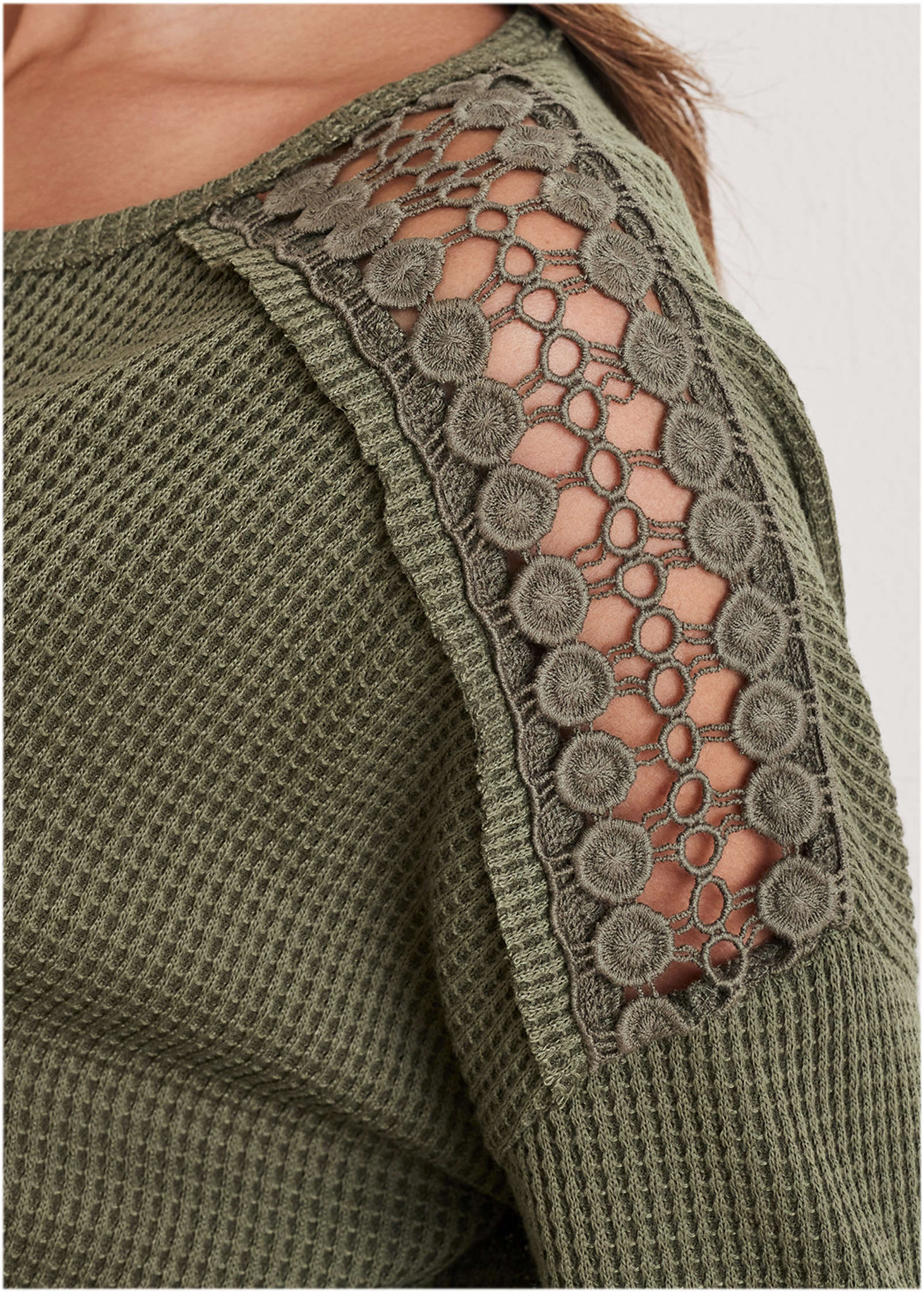 Waffle Lace Detail Top - Olive - Image 4