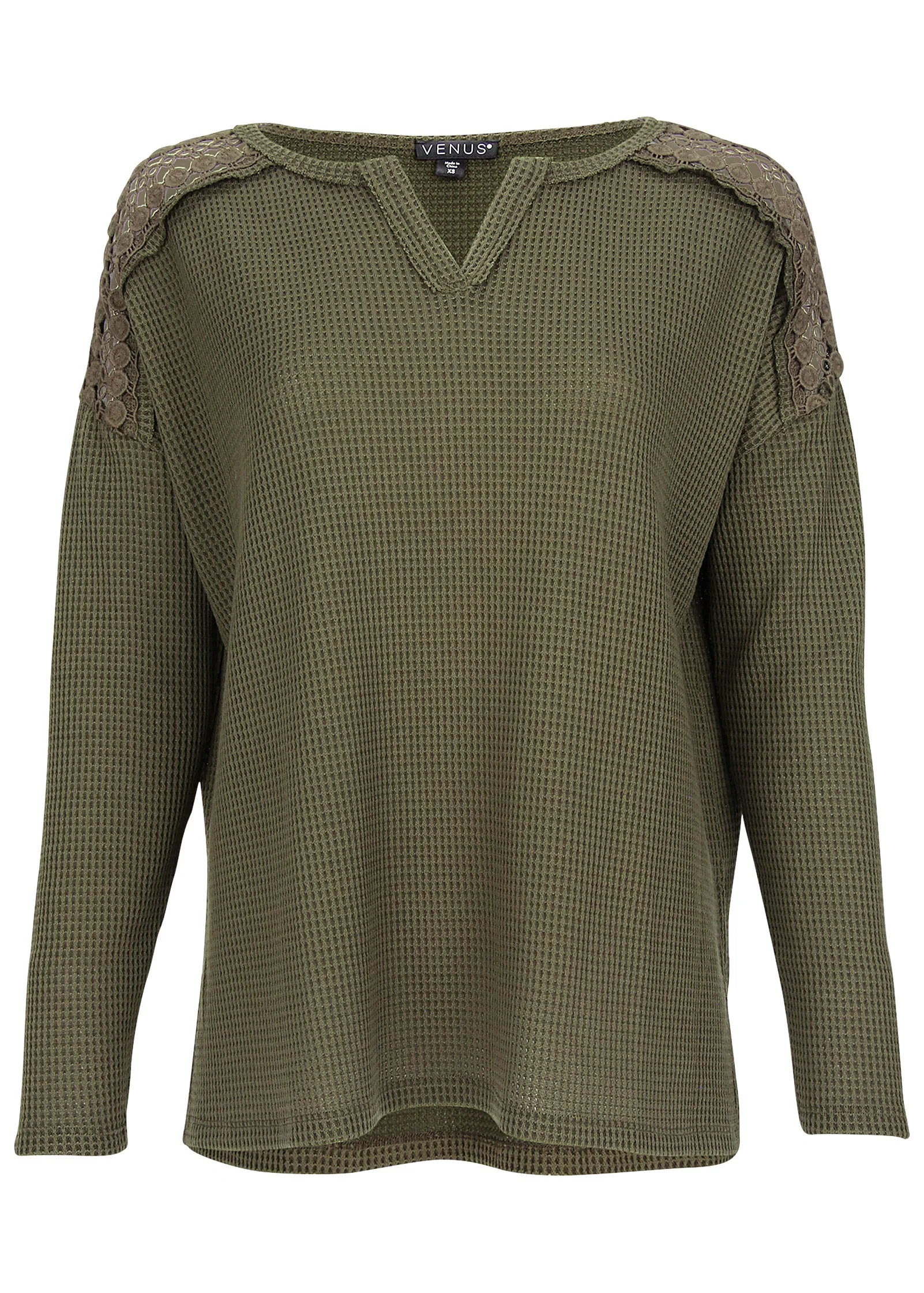 Waffle Lace Detail Top - Olive - Image 5