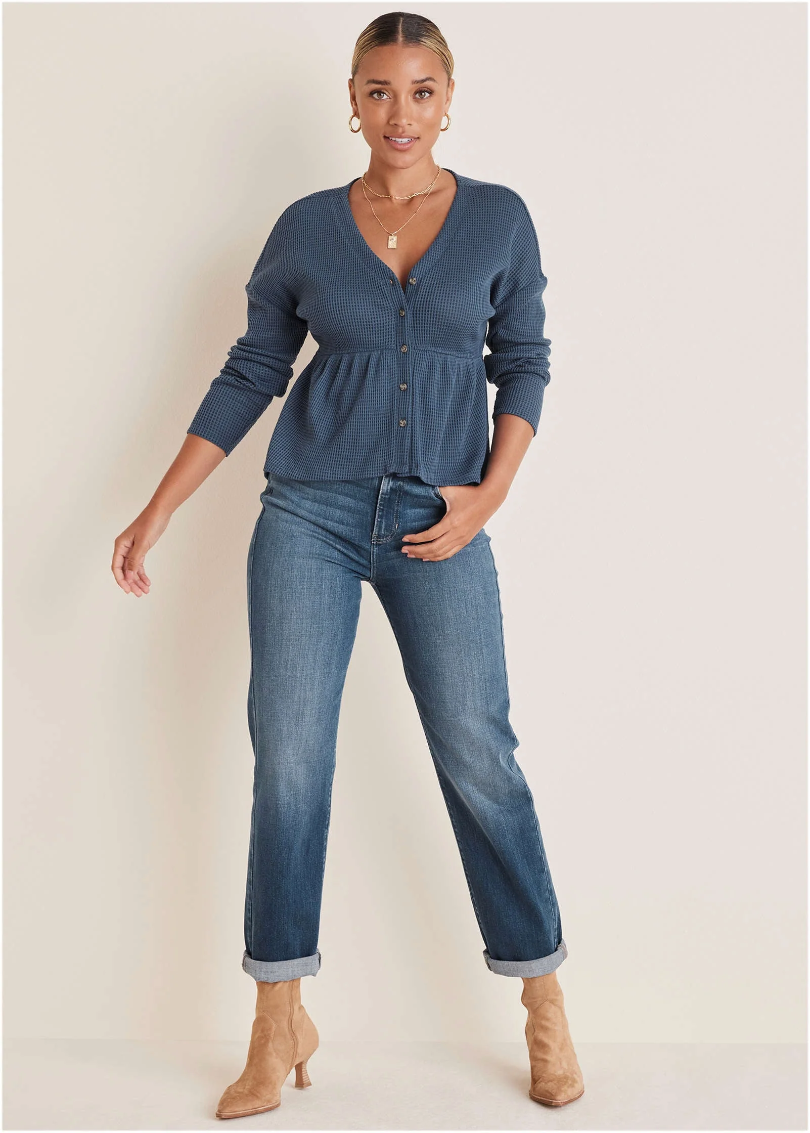 Waffle Babydoll Henley - Vintage Indigo - Image 3