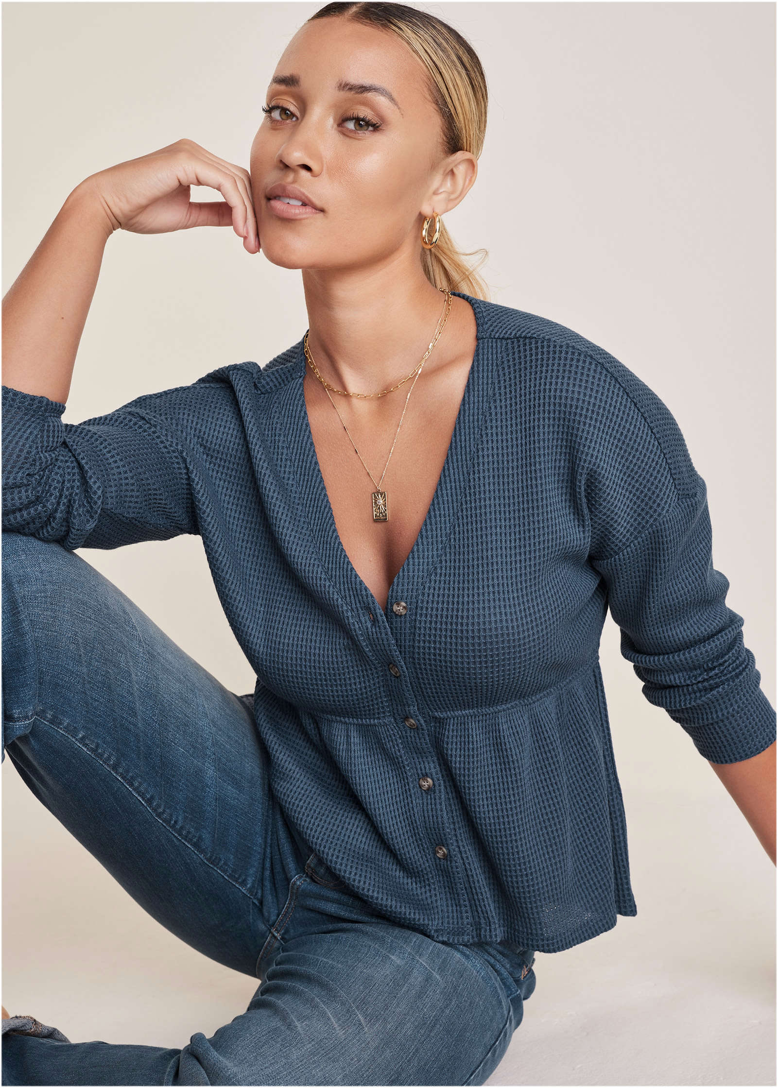 Waffle Babydoll Henley - Vintage Indigo - Image 4