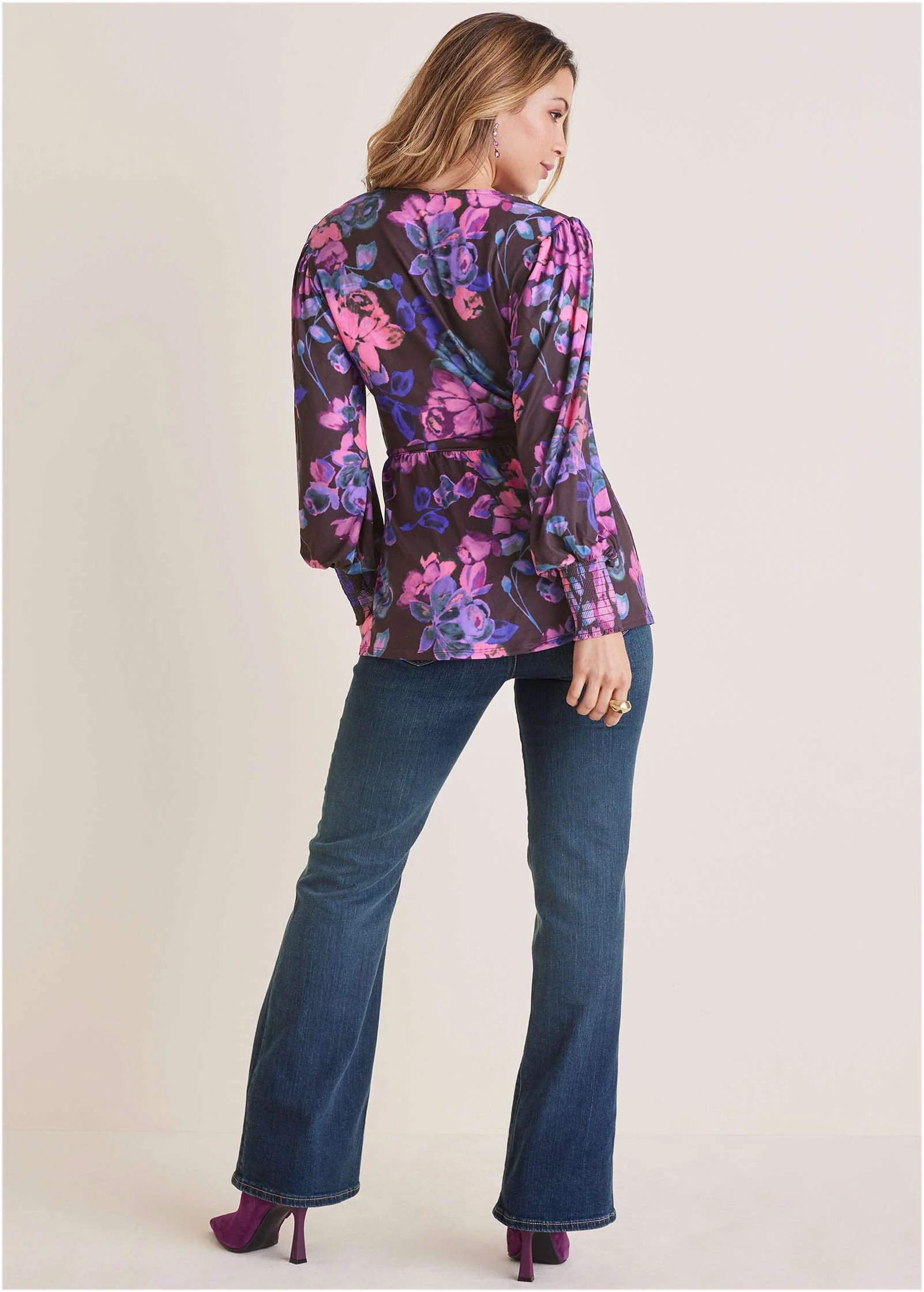 Balloon Sleeve Wrap Front Top - Electric Bouquet - Image 2