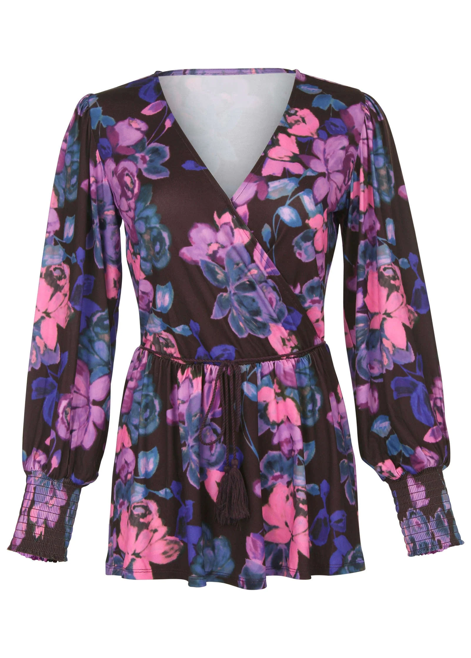 Balloon Sleeve Wrap Front Top - Electric Bouquet - Image 4