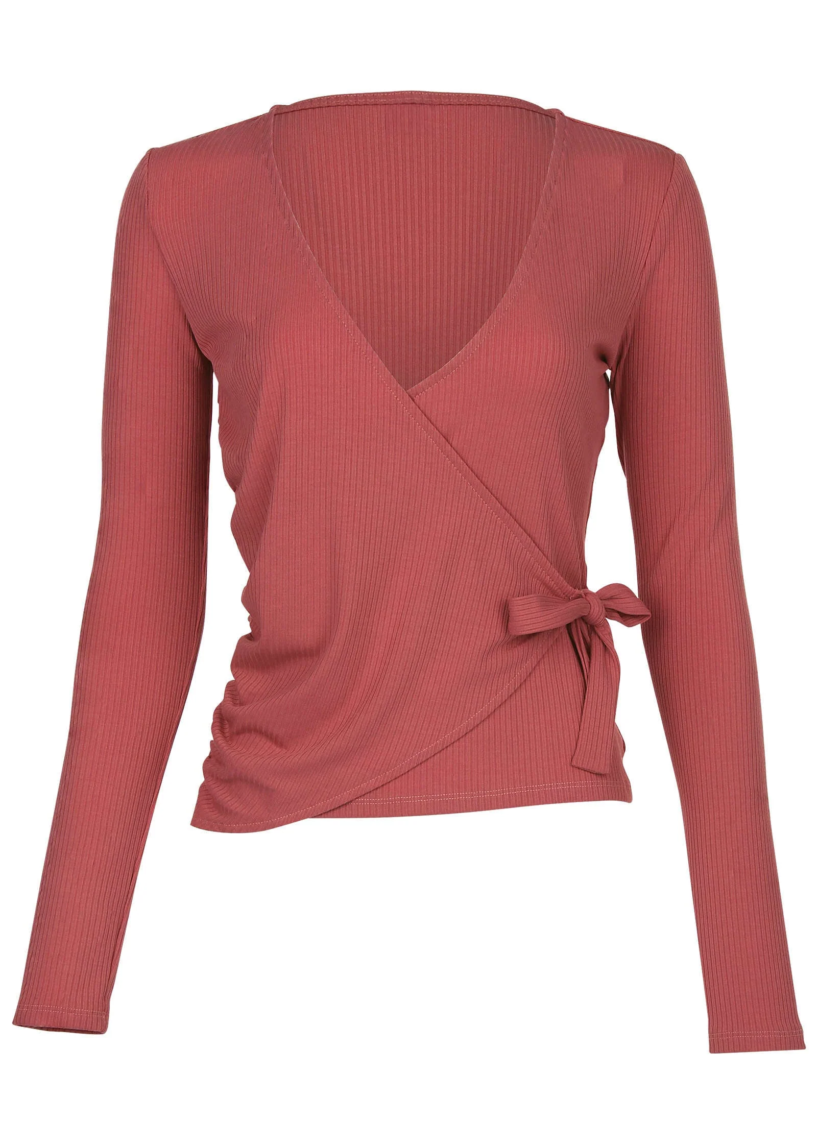 Ribbed Wrap Long Sleeve Top - Mineral Red - Image 4