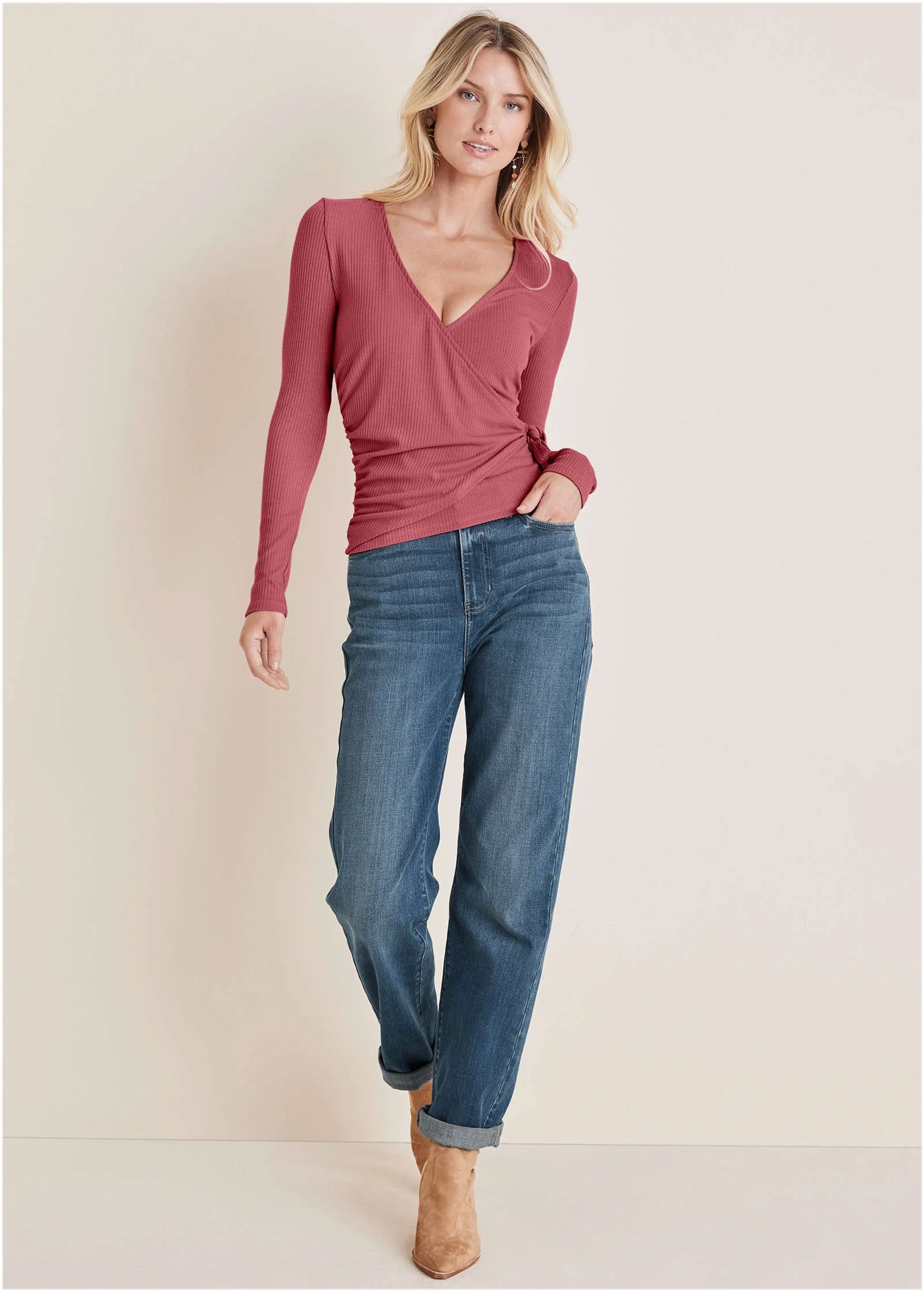 Ribbed Wrap Long Sleeve Top - Mineral Red - Image 5