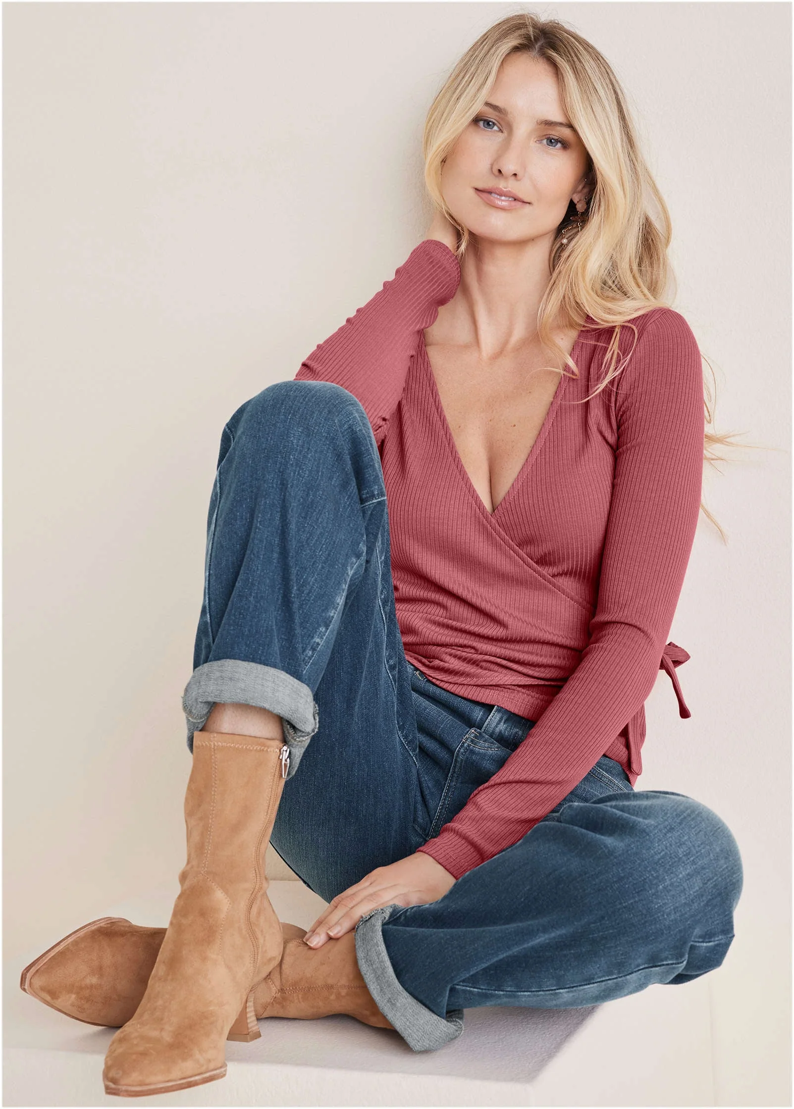 Ribbed Wrap Long Sleeve Top - Mineral Red - Image 6