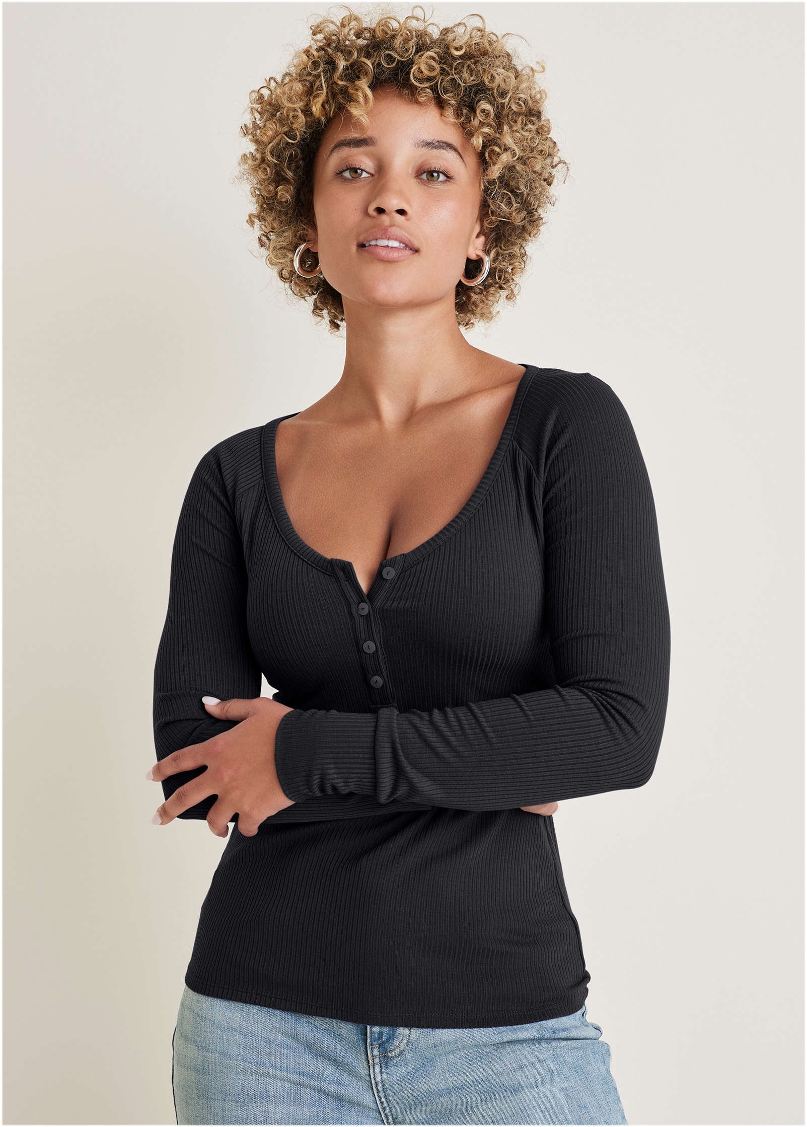 Long Sleeve Henley Tee - Jet Black