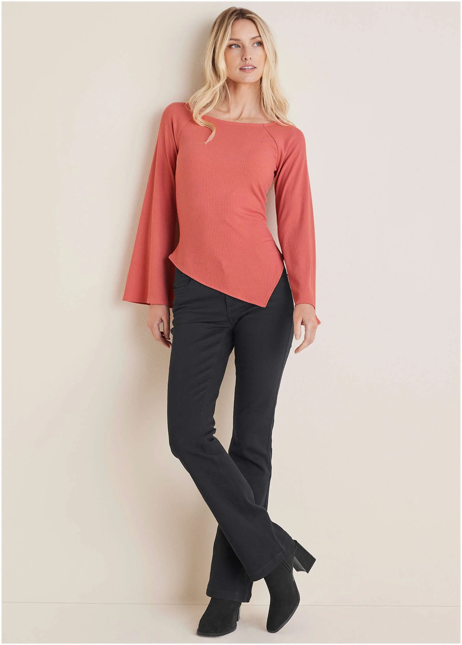 Ribbed Bell Sleeve Top - Mineral Red - Image 3