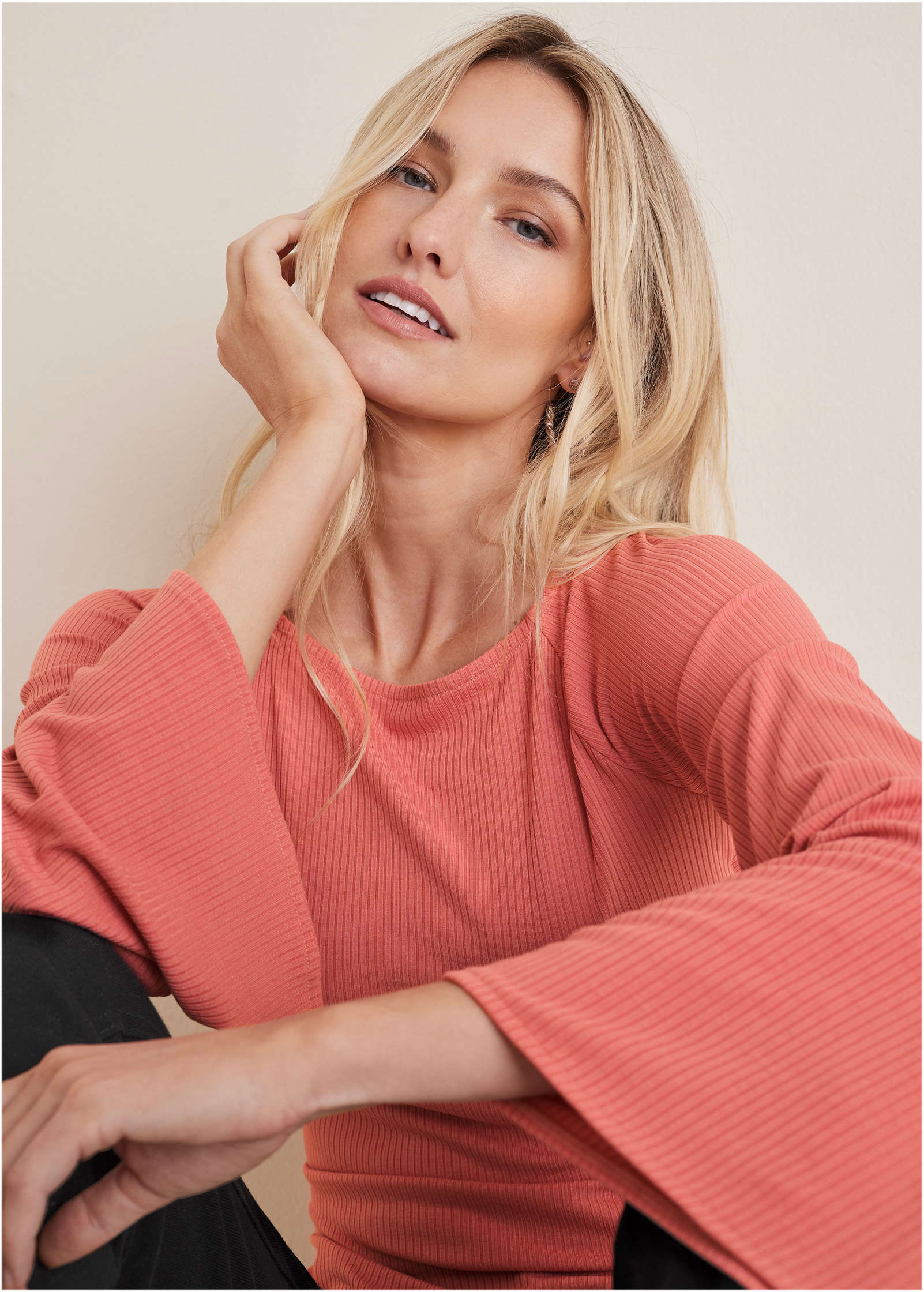 Ribbed Bell Sleeve Top - Mineral Red - Image 4
