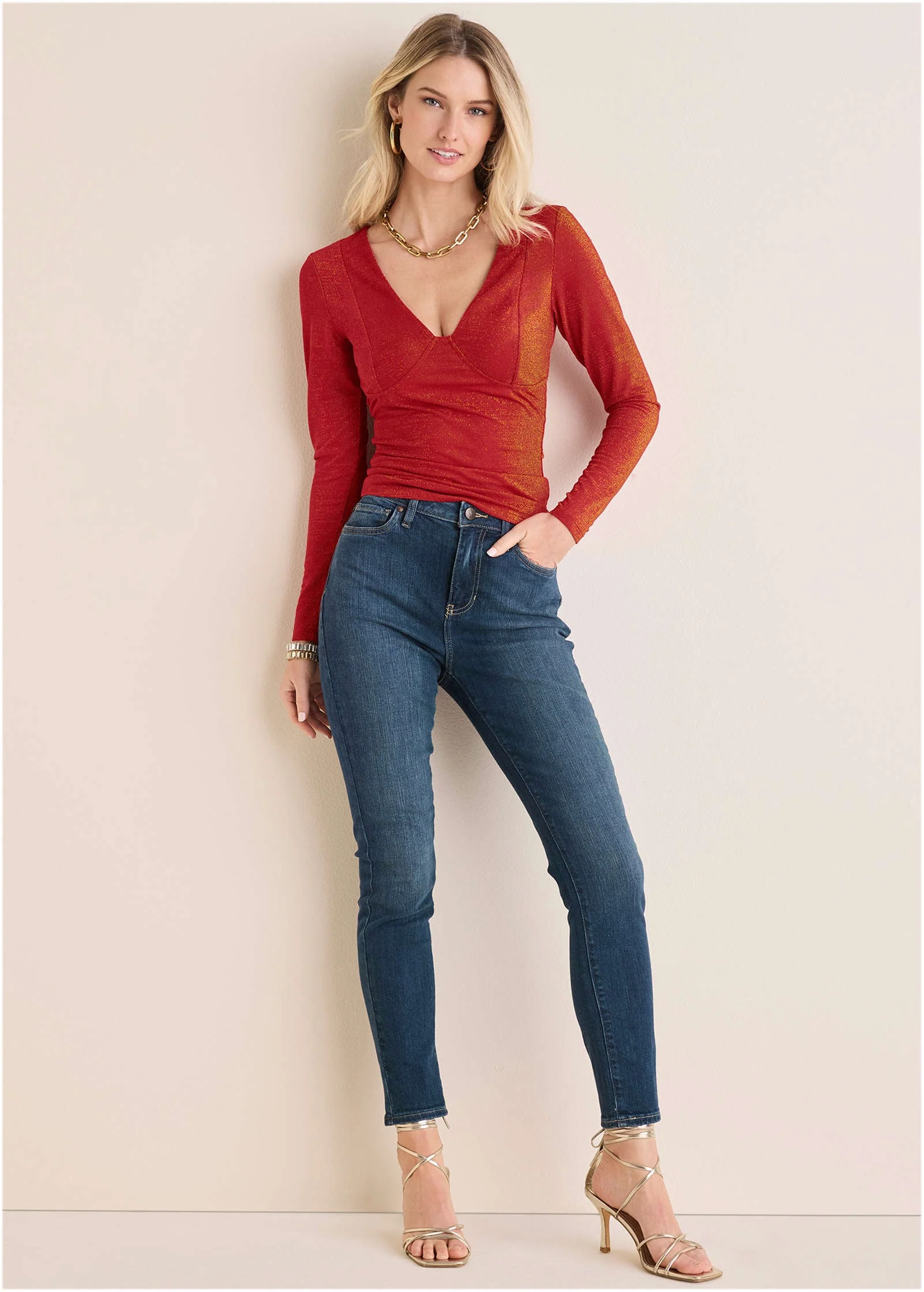 Glitter Knit V-Neck Top - Racing Red Glitter Knit - Image 3