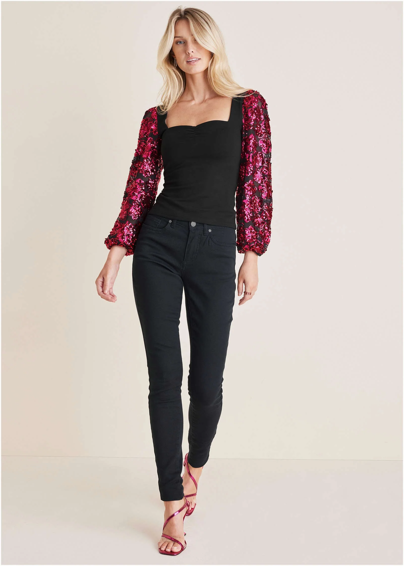 Sheer Sequined Sleeve Top - Black & Pink - Image 2