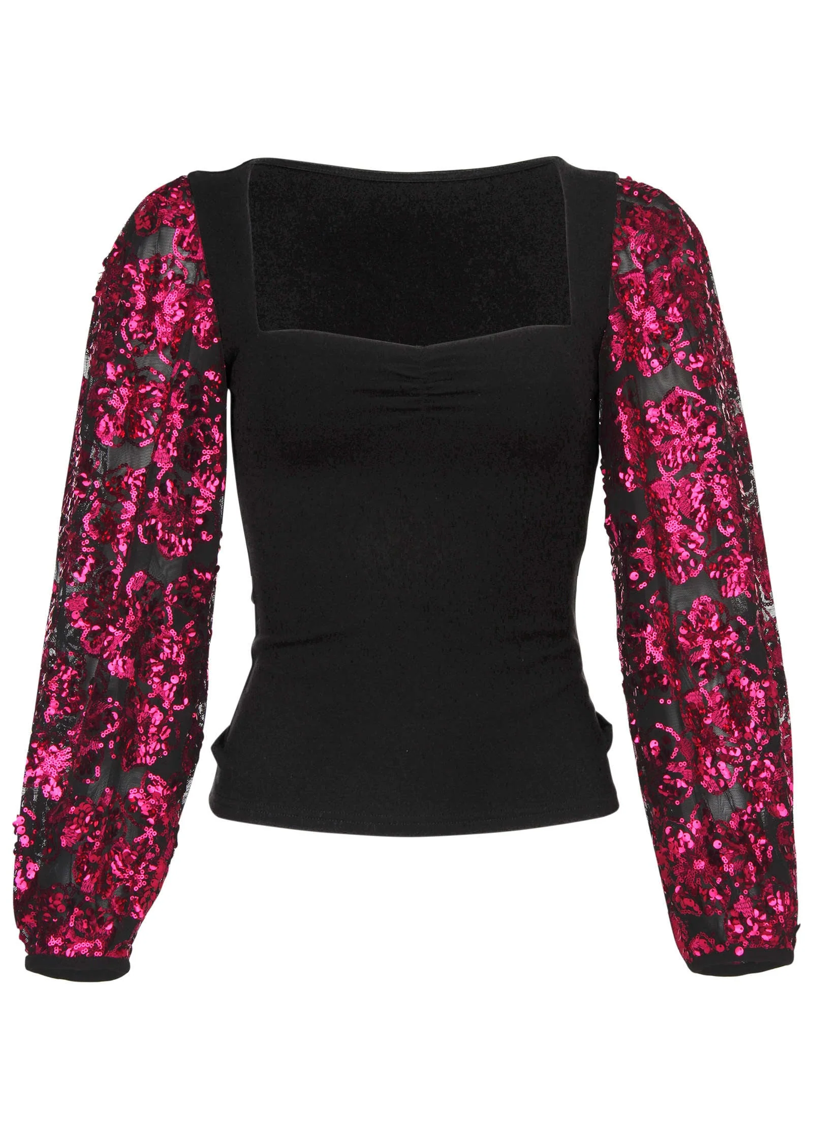 Sheer Sequined Sleeve Top - Black & Pink - Image 5