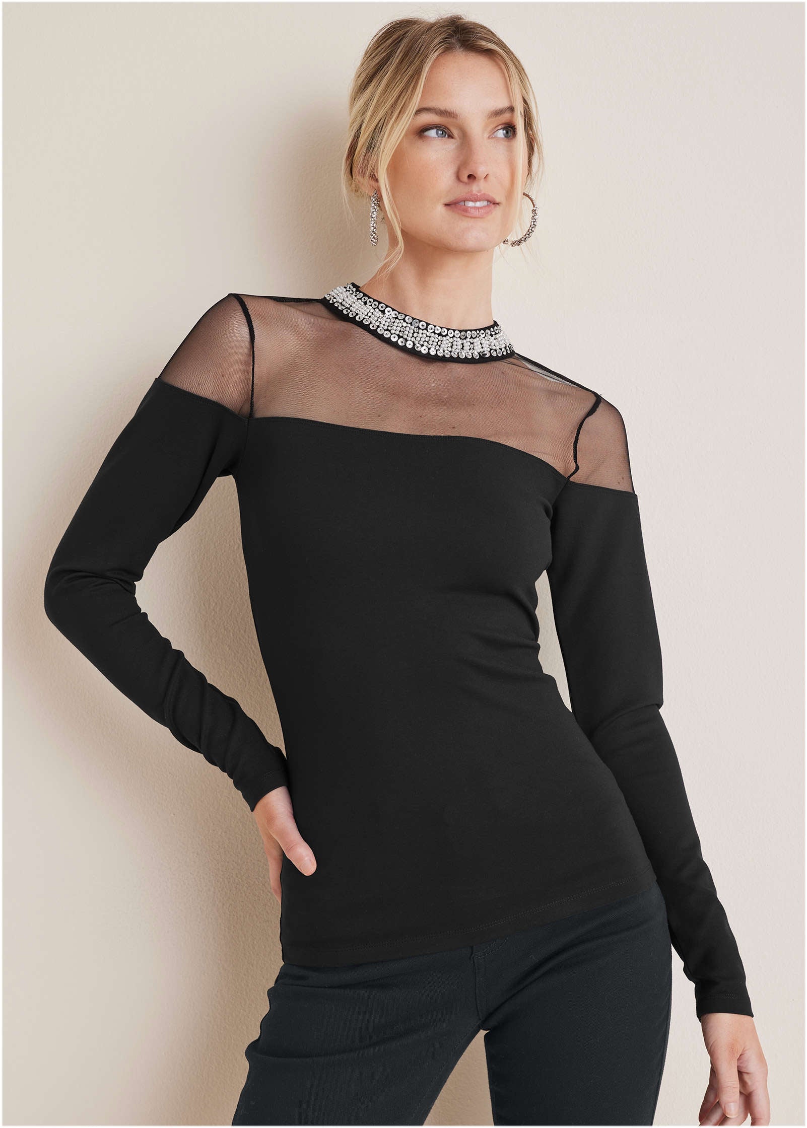 Embellished Neck Mesh Top - Jet Black