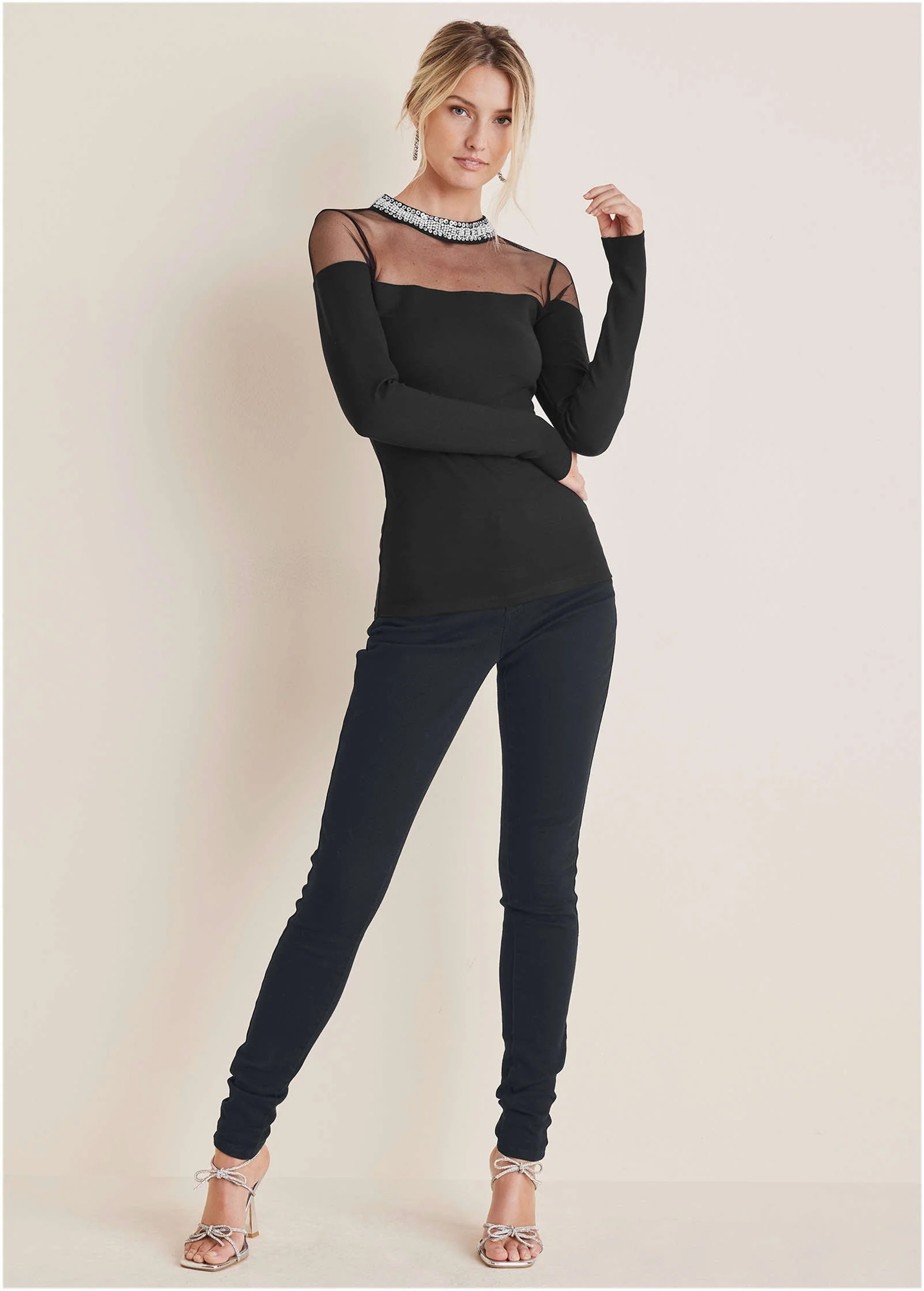 Embellished Neck Mesh Top - Jet Black - Image 2
