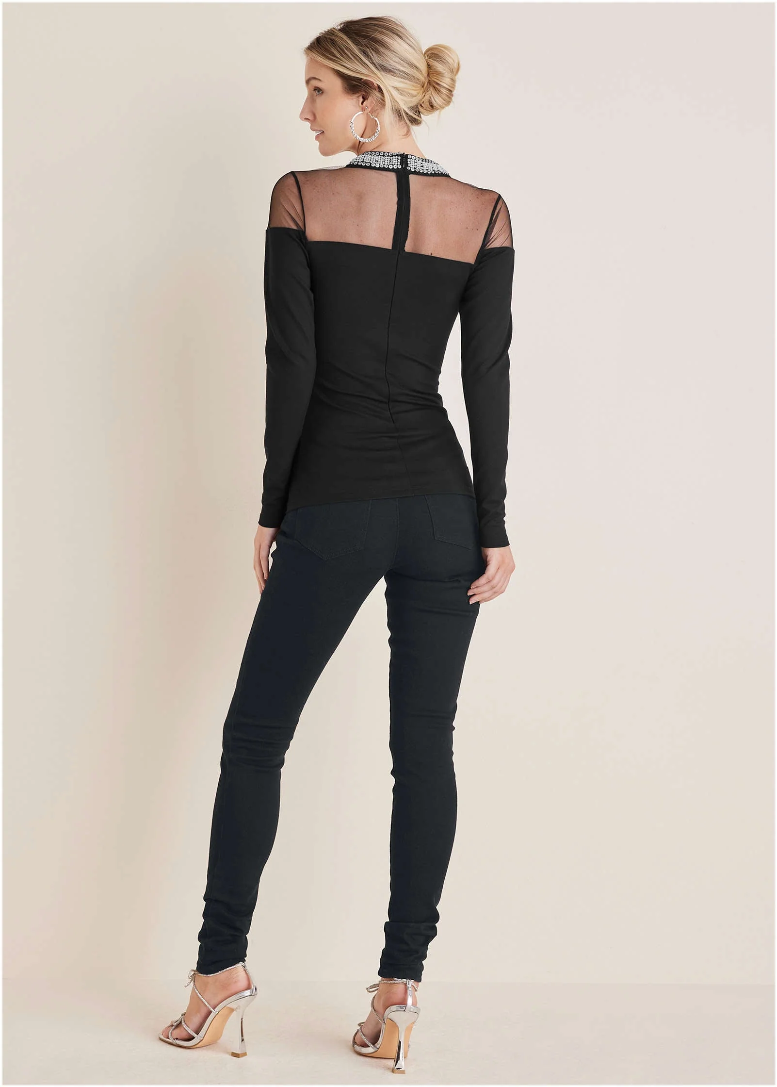 Embellished Neck Mesh Top - Jet Black - Image 3