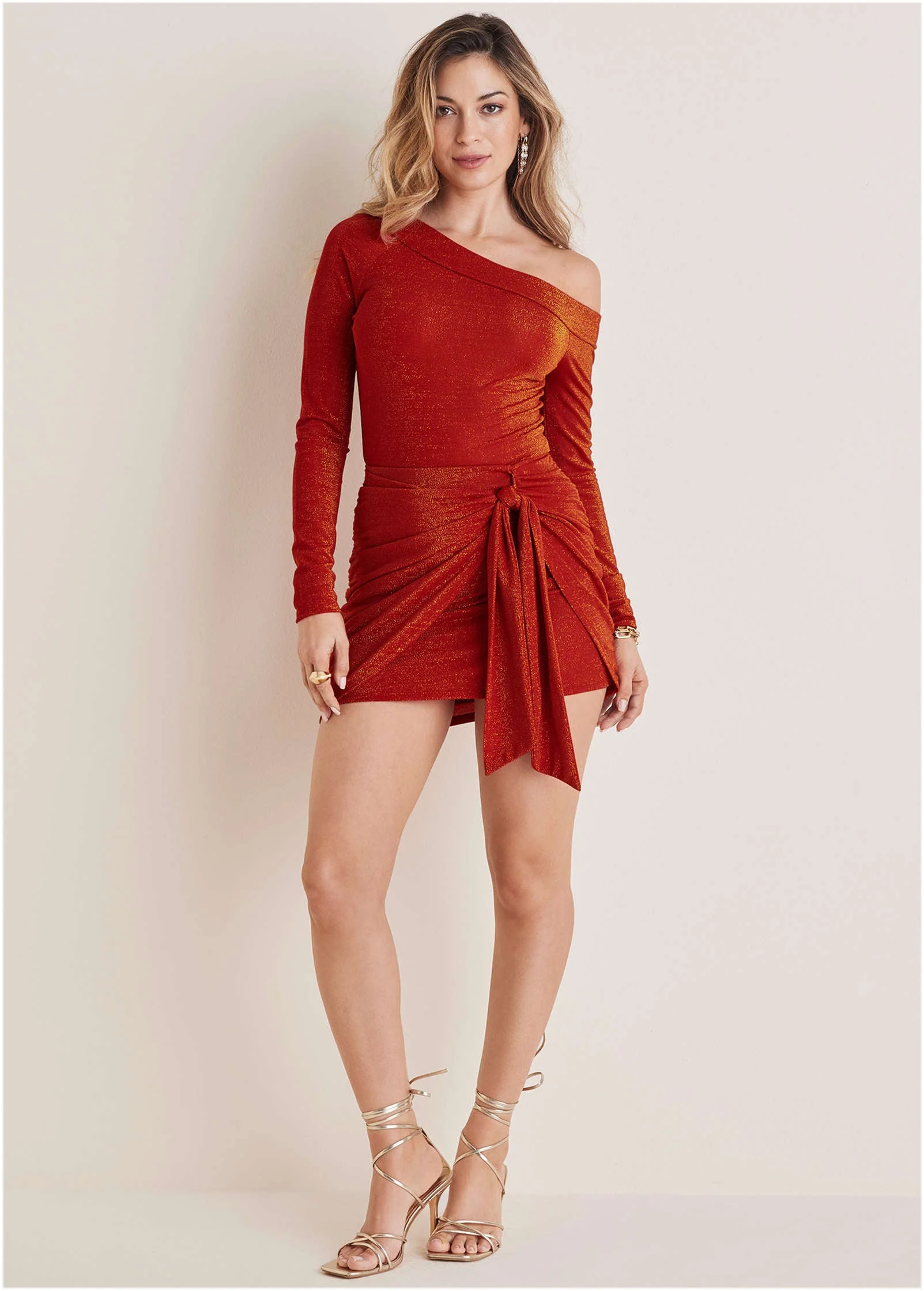 Glitter Knit One Shoulder Top - Racing Red Glitter Knit - Image 3